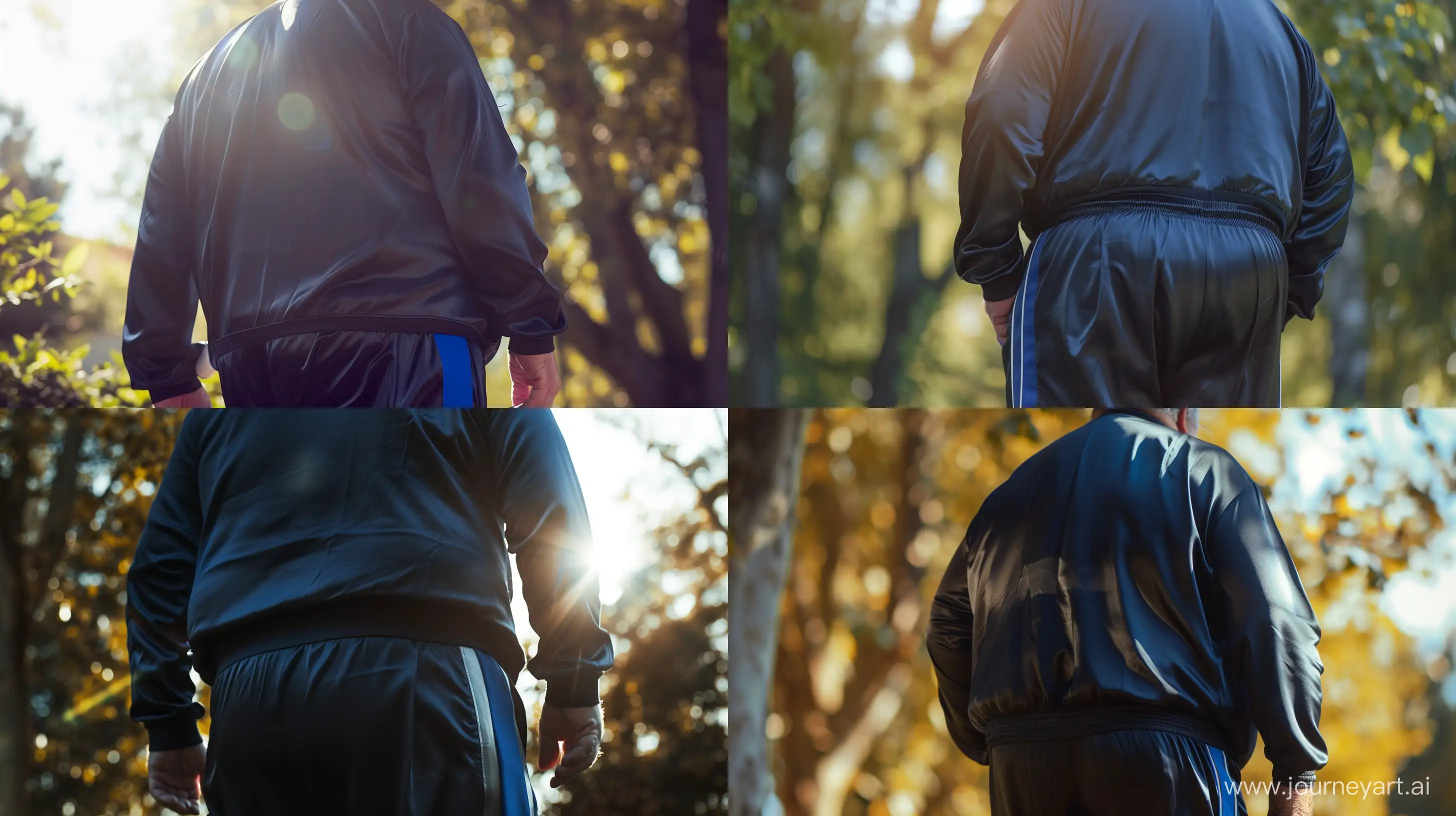 Back view close-up photo of a fat man aged 60 wearing silk navy tracksuit with royal blue stripe on the leg. Outside. Bright Natural Light on his back. --style raw --ar 16:9
