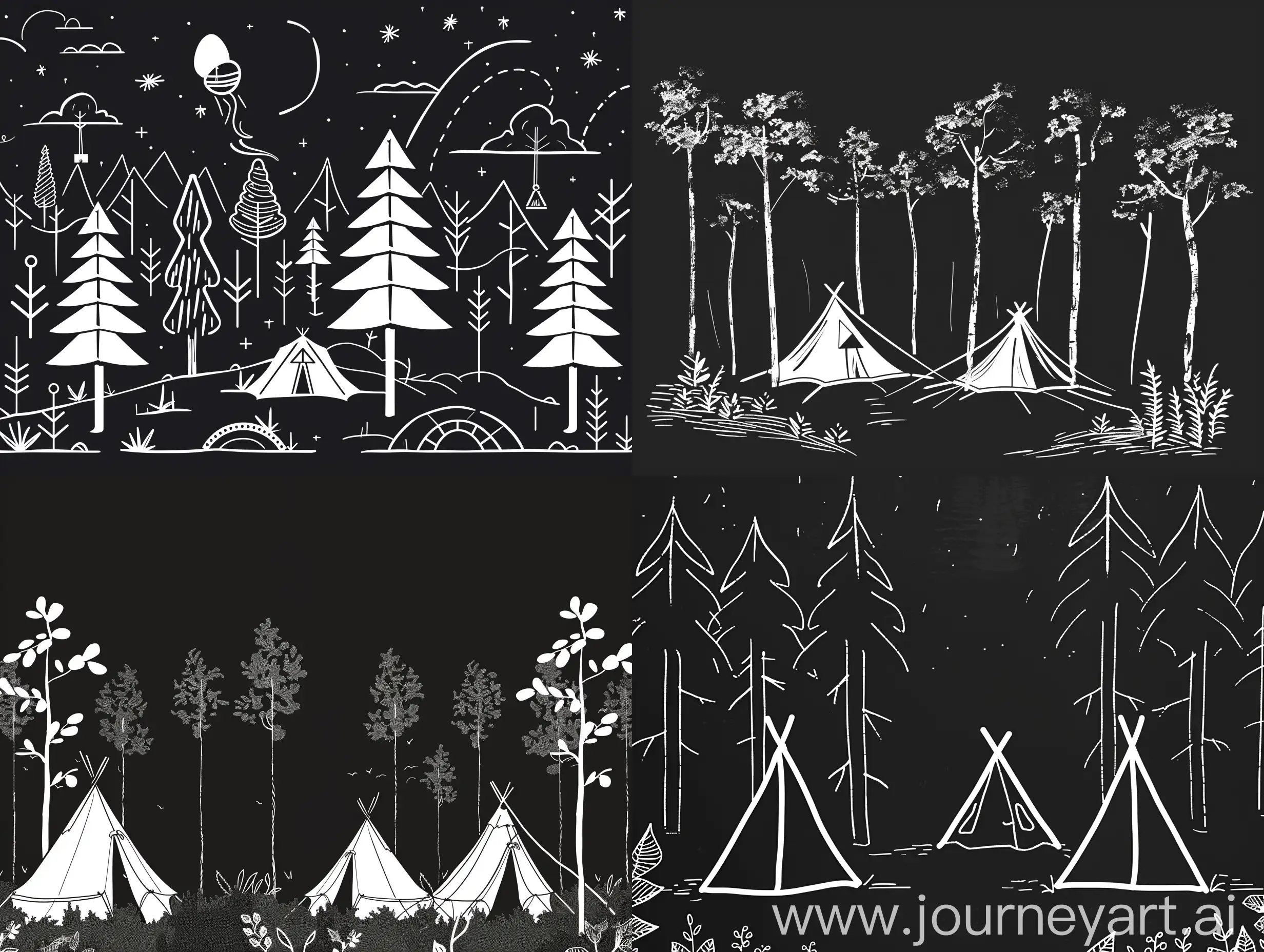 tourist camp in forest,  black background, vector stile white lines