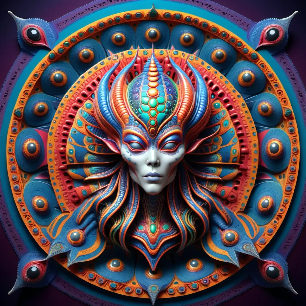 bright and vibrant shades, no gray. 3D highly detailed, alien queen with perfectly symmetrical and vivid color mandala 