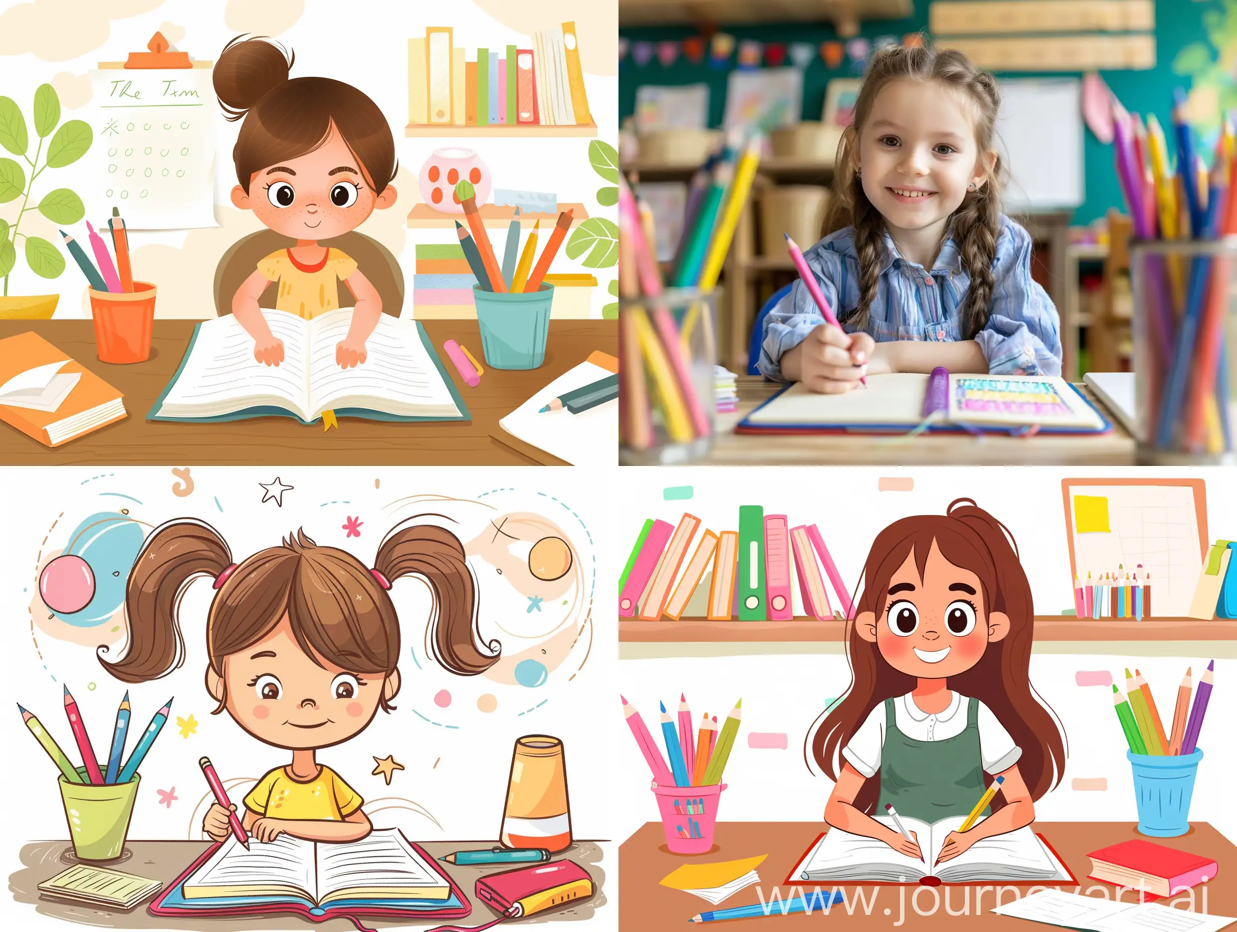 Learning, drawing and portrait of girl in classroom exam, education or studying with book. Preschool smile, development and happy kid or student coloring for creative art in notebook in kindergarten