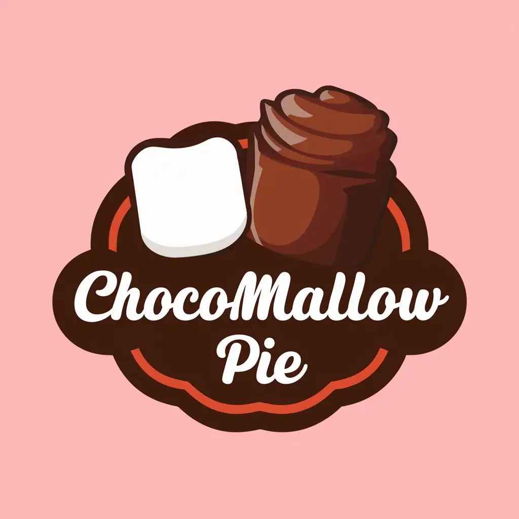 logo, chocolate and marshmallow, with the text "chocomallow pie", typography