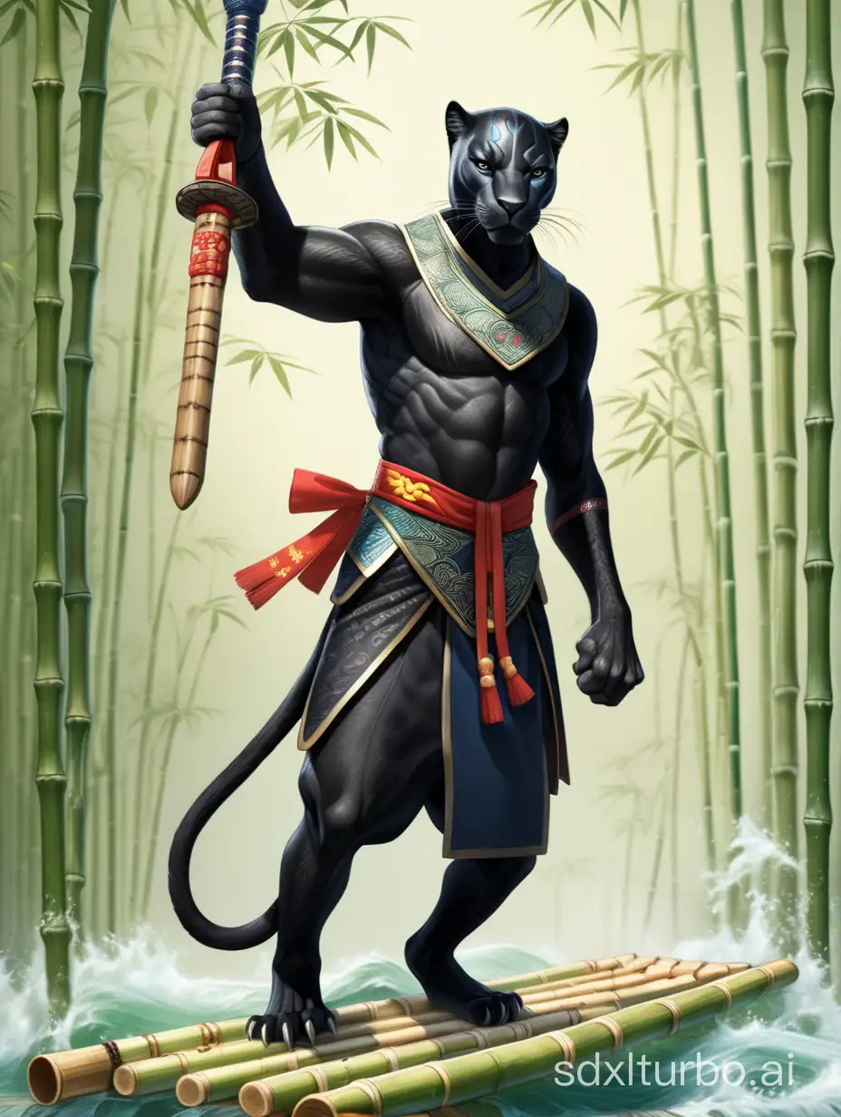 Standing on a bamboo raft, a black panther in traditional Chinese clothing holding a sword in its hand.