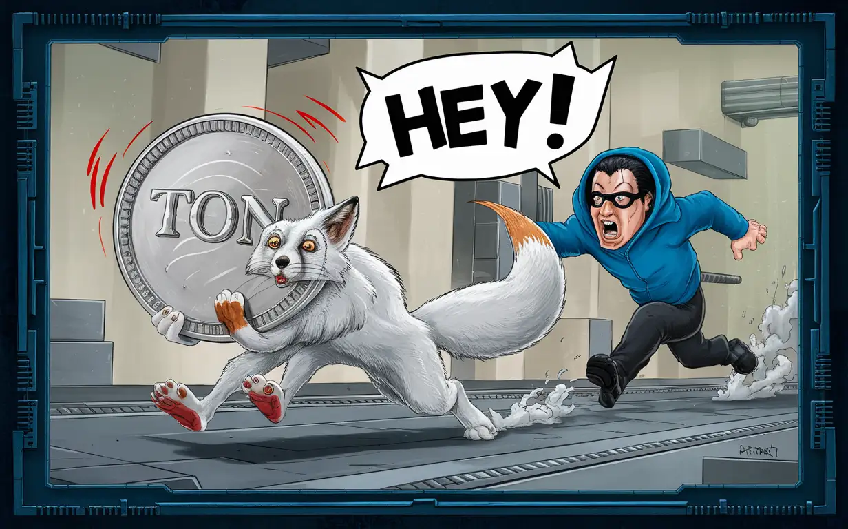 A white fox has just stolen the TON coin in the Matrix and is running away with it in his teeth. There is panic on the white fox's face because he is being chased by a character from the movie Matrix. The TON coin appears to be silver in color with the "TON" logo, medium size. At the bottom of the image there is a quote typed in bold stylized cartoon text with a white border, "INFINITY BOOST". In the background, the hero is yelling at a fleeing white fox with a coin in his teeth dressed in a blue hoodie. Next to the hero from the movie The Matrix is a speech bubble with the inscription "Hey!". The setting is a frame from the movie Matrix, typography, photo.
