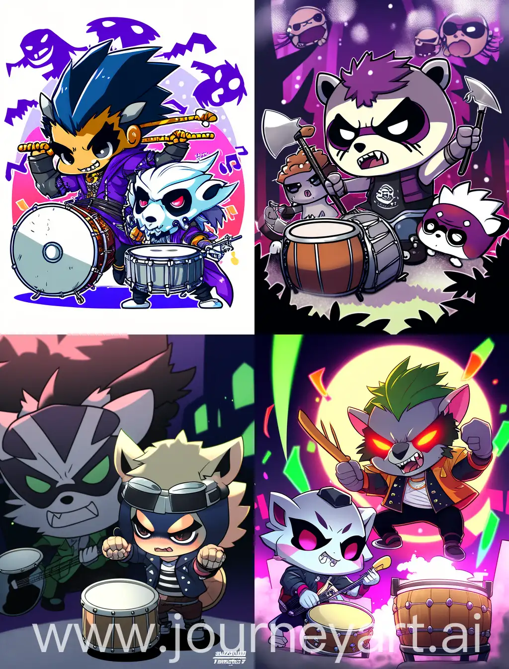 chibi racoon and anime guy playing drums, with spooky background, 