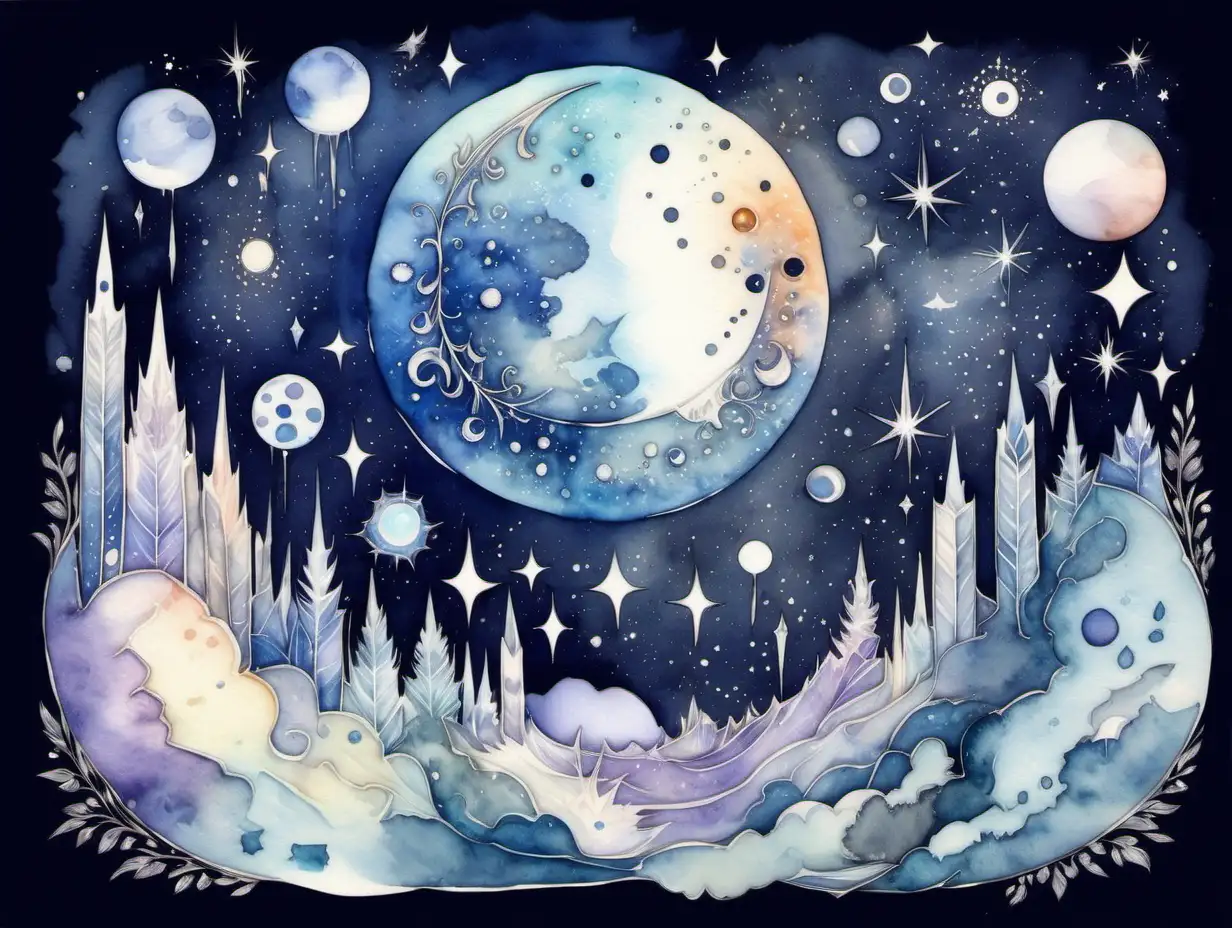 Ethereal Moon Crystals Dreamlike Watercolor Art with Moon Papi