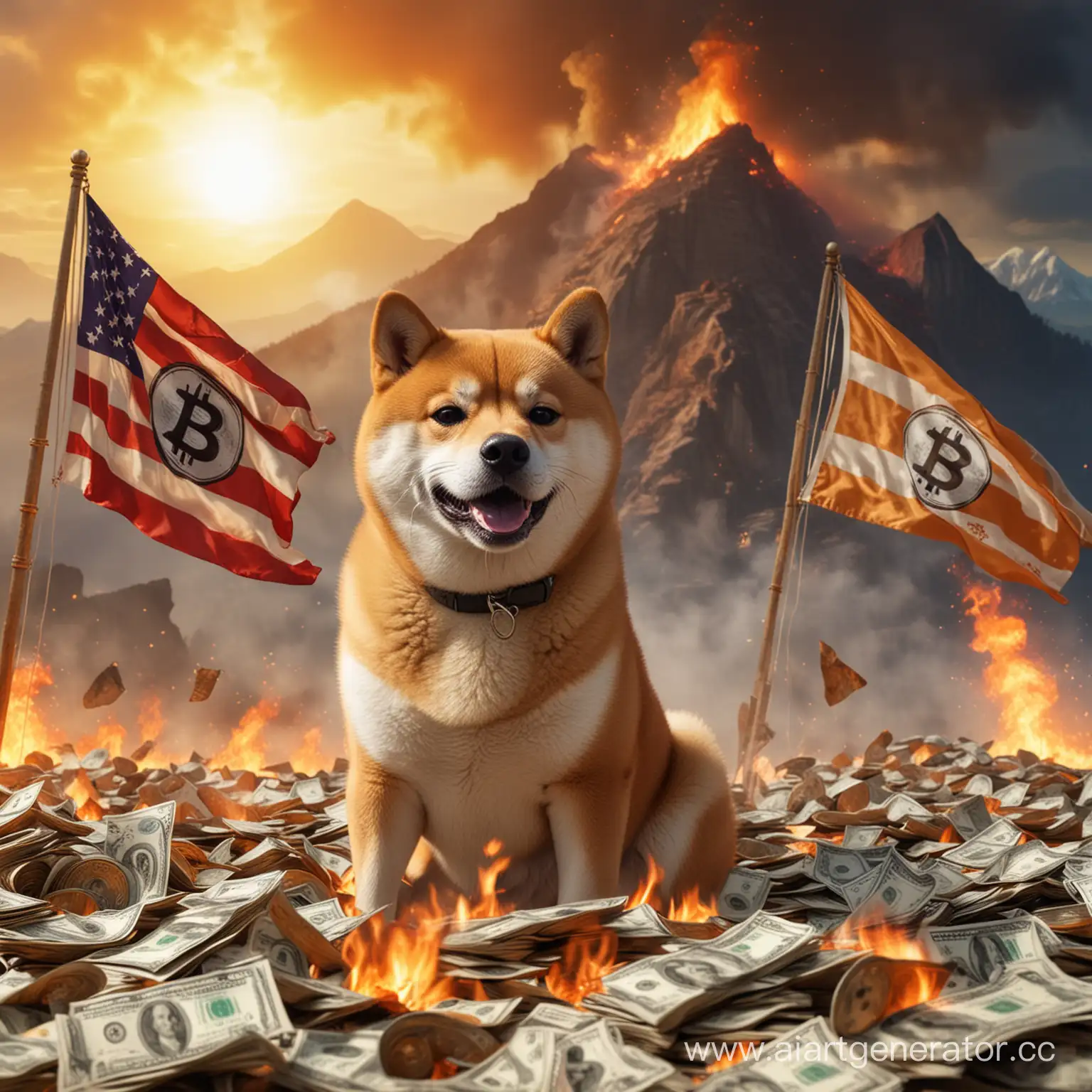 Сиба-ину на фоне горы из горящих долларов держит в зубах флаг с изображением криптовалюты биткоина 4к реализм