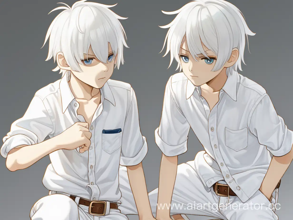 Аниме маленькие мальчики близнецы с белыми волосами, в белой рубашке и белых штанах классических