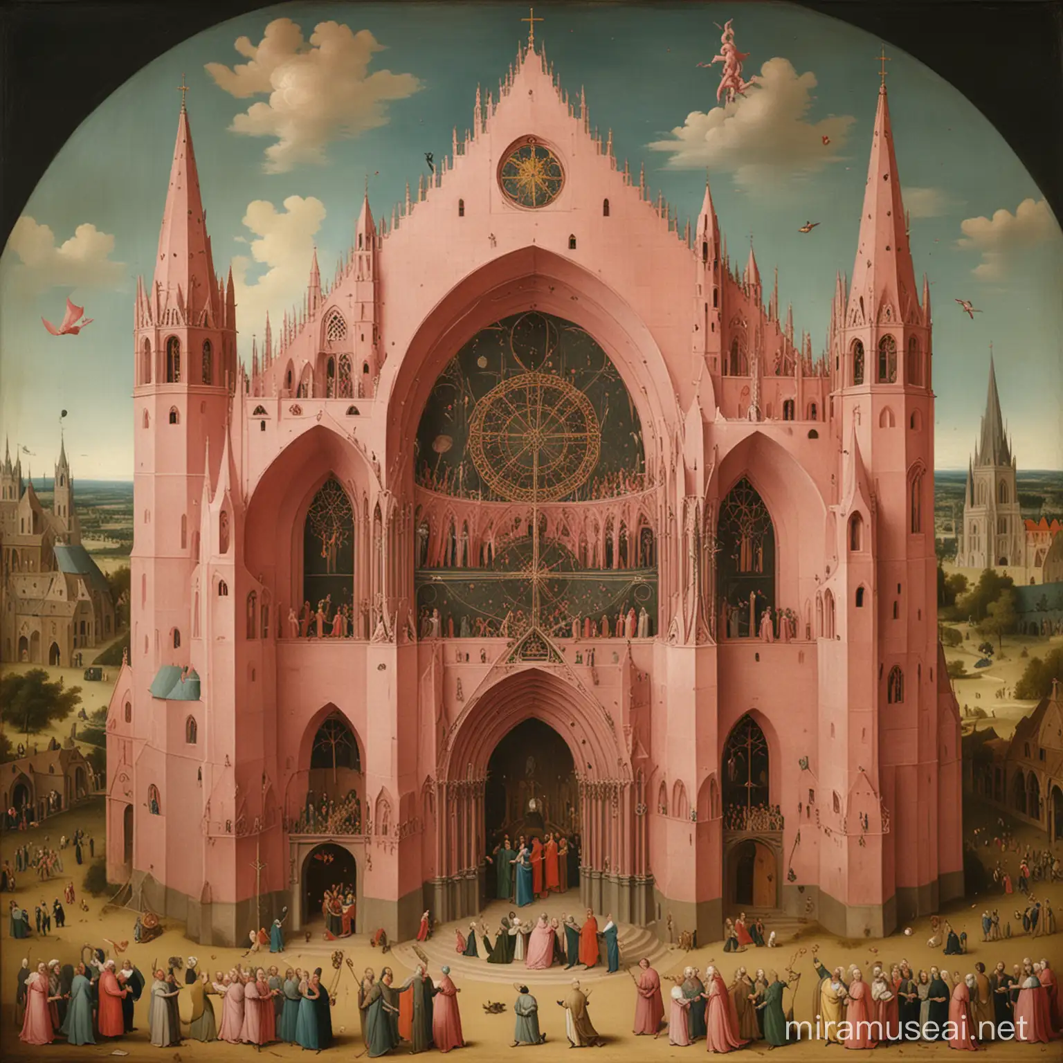 Hyeronimus Bosch paints the allegory of Catholic Church as a rose turning into a giant pink Medieval Cathedral 