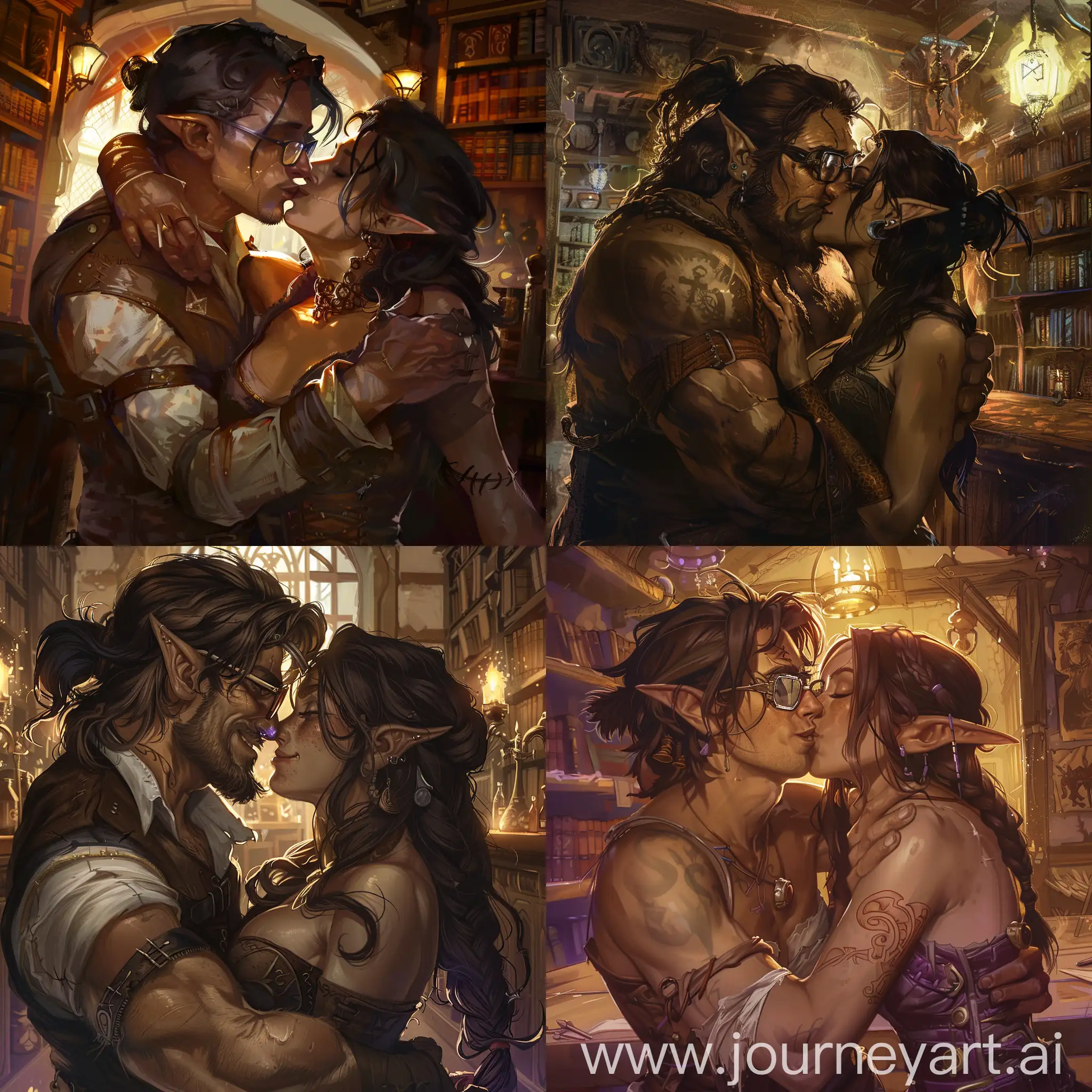 Stunning color sketch of a lithe and handsome cambion male with brown skin, wearing glasses, embracing and kissing a beautiful strong and wild brunette barbarian woman, in a library, lightly sketched tavern room background. Volumetric and dynamic lighting. Hyperrealistic photorealistic hyperdetailed maximalist masterpiece. Incredible dark romance fantasy.