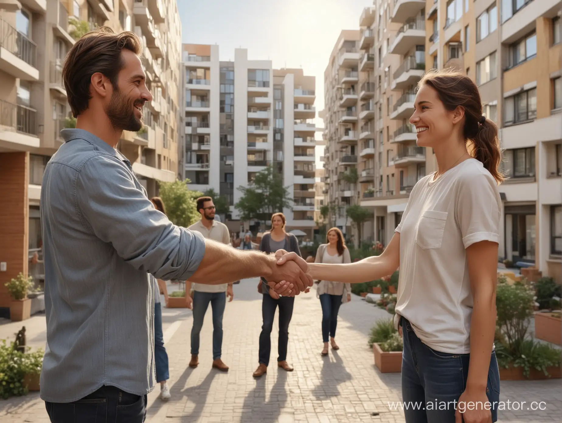 man shaking hands with woman, neighbors, friends, joy, cooperation, casual clothing, trust, courtyard background, modern high-rise building, maximum photorealism, hyperrealism, sunny day, foreground in focus, background slightly blurred, 8K, highly detailed, 16:9