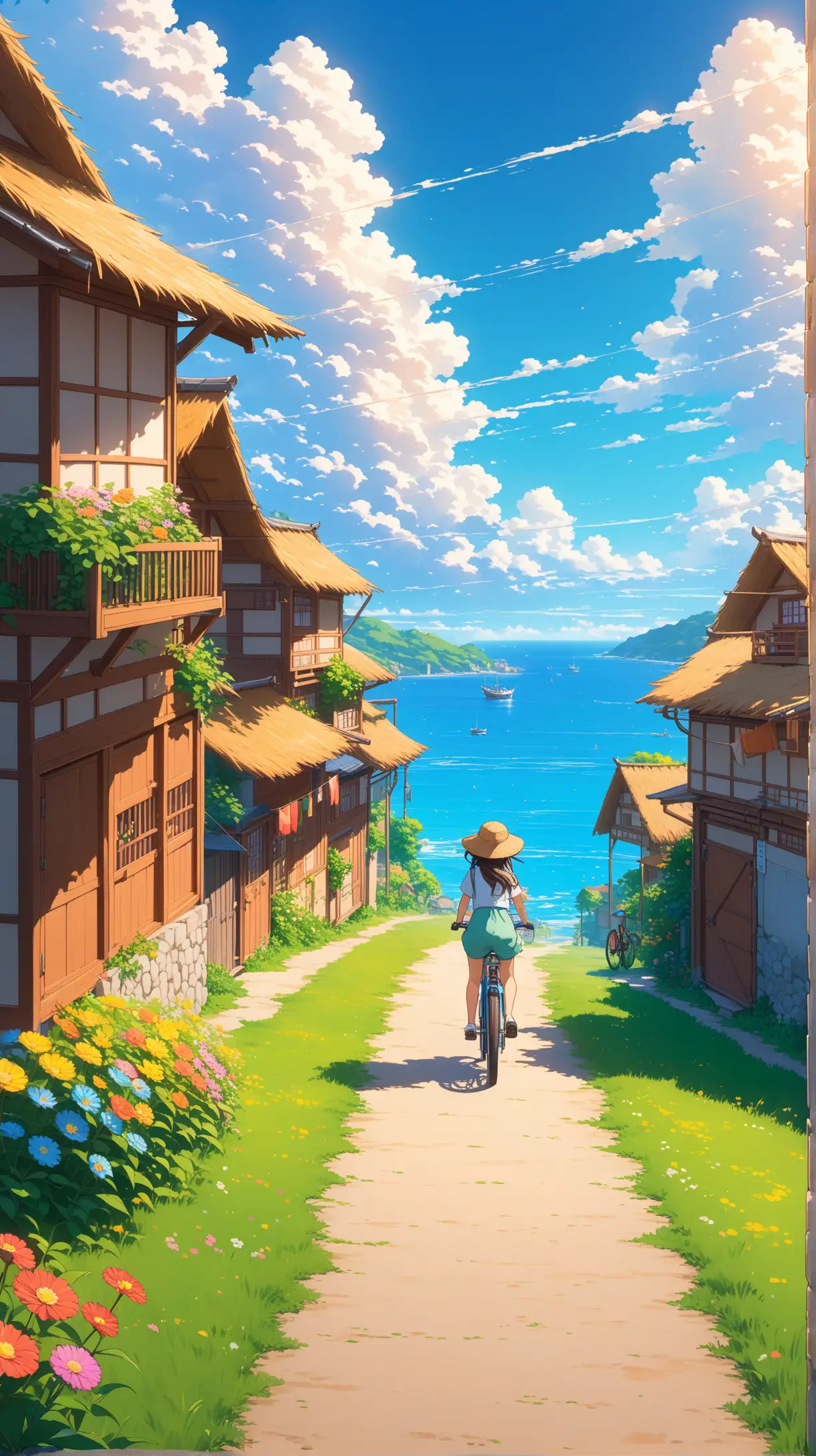 from neighbourhood village on hill view to the sea, a girl wearing hay hat riding bicycle down town to fishing village, yellowish grass, meadow of variant vibrant flowers, plants, beautiful sunny sky and fluffy silverlining clouds,  8k re beautiful summer sky,  8k render, illustration, anime, acrylic palette knife, trending pixiv fanbox, studio ghibli style, makoto shinkai, stable diffusion, 3D render, ultra ultra detailed, best composition, best quality, 