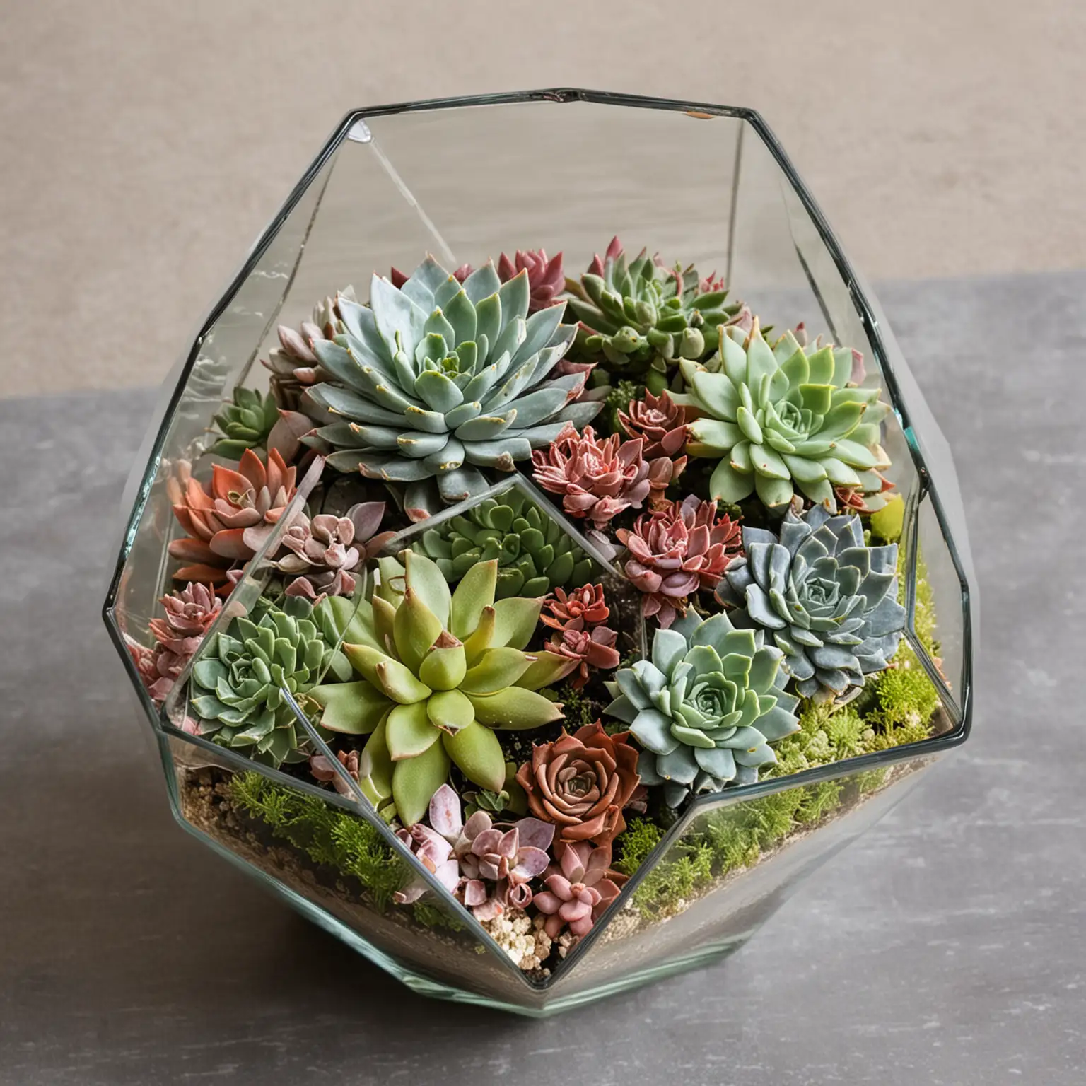 a geometric shaped terranium vase filled with succulents and tropical looking flower blossoms
