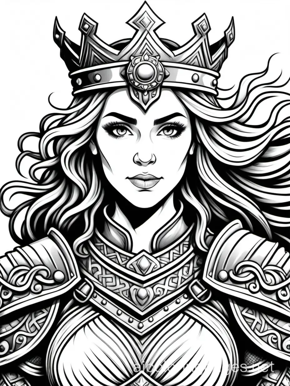 coloring book page, a close up of a woman with a sword and a crown, north female warrior, norse goddess, north adult female warrior, female dwarven warrior, dwarven woman, female dwarven woman, portrait of female paladin, female viking, female warrior, freya, norse warrior, female dwarven noblewoman, symmetrical portrait rpg avatar, deity leesha hannigan
, Coloring Page, black and white, line art, white background, Simplicity, Ample White Space. The background of the coloring page is plain white to make it easy for young children to color within the lines. The outlines of all the subjects are easy to distinguish, making it simple for kids to color without too much difficulty