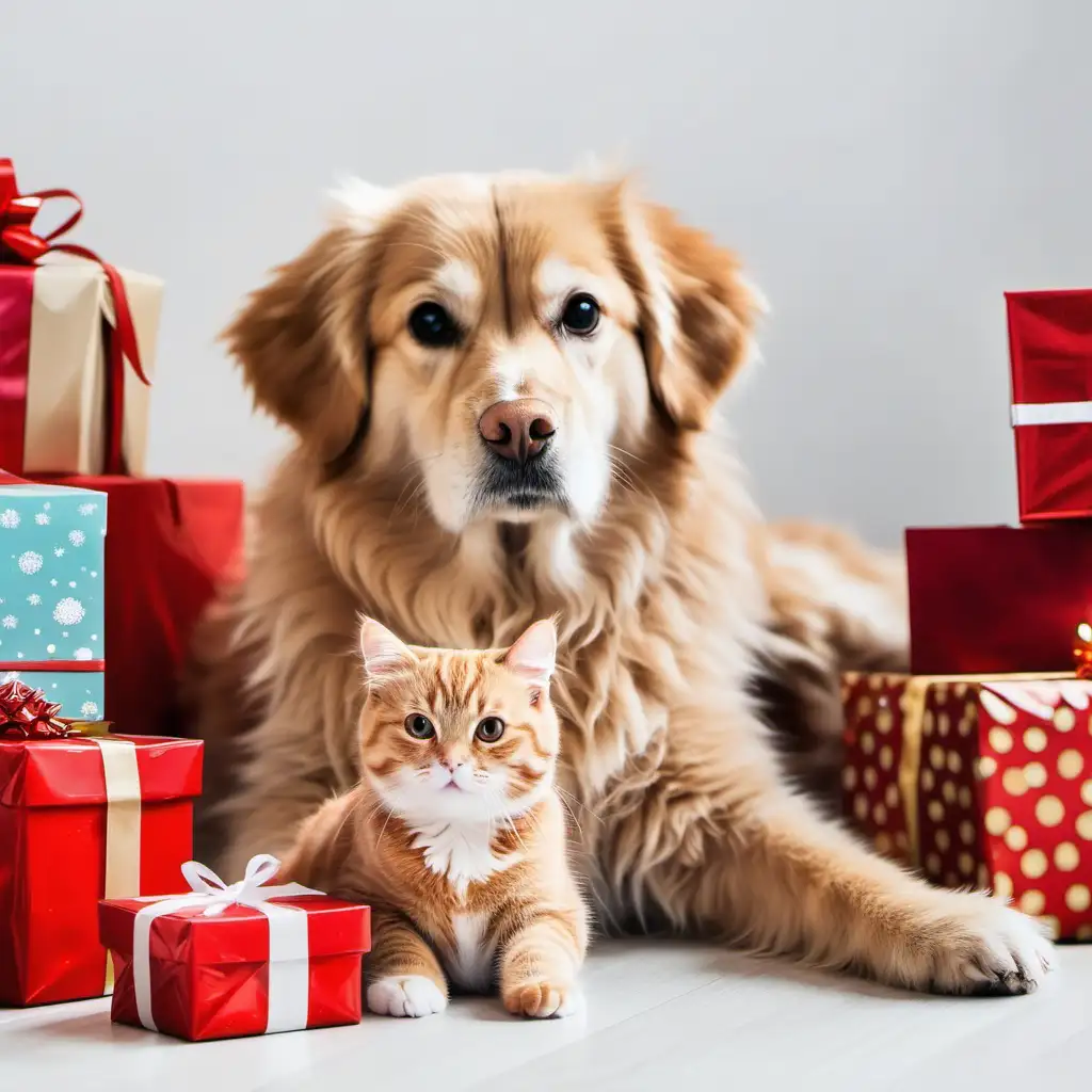 Adorable Dog and Cat Surrounded by Presents