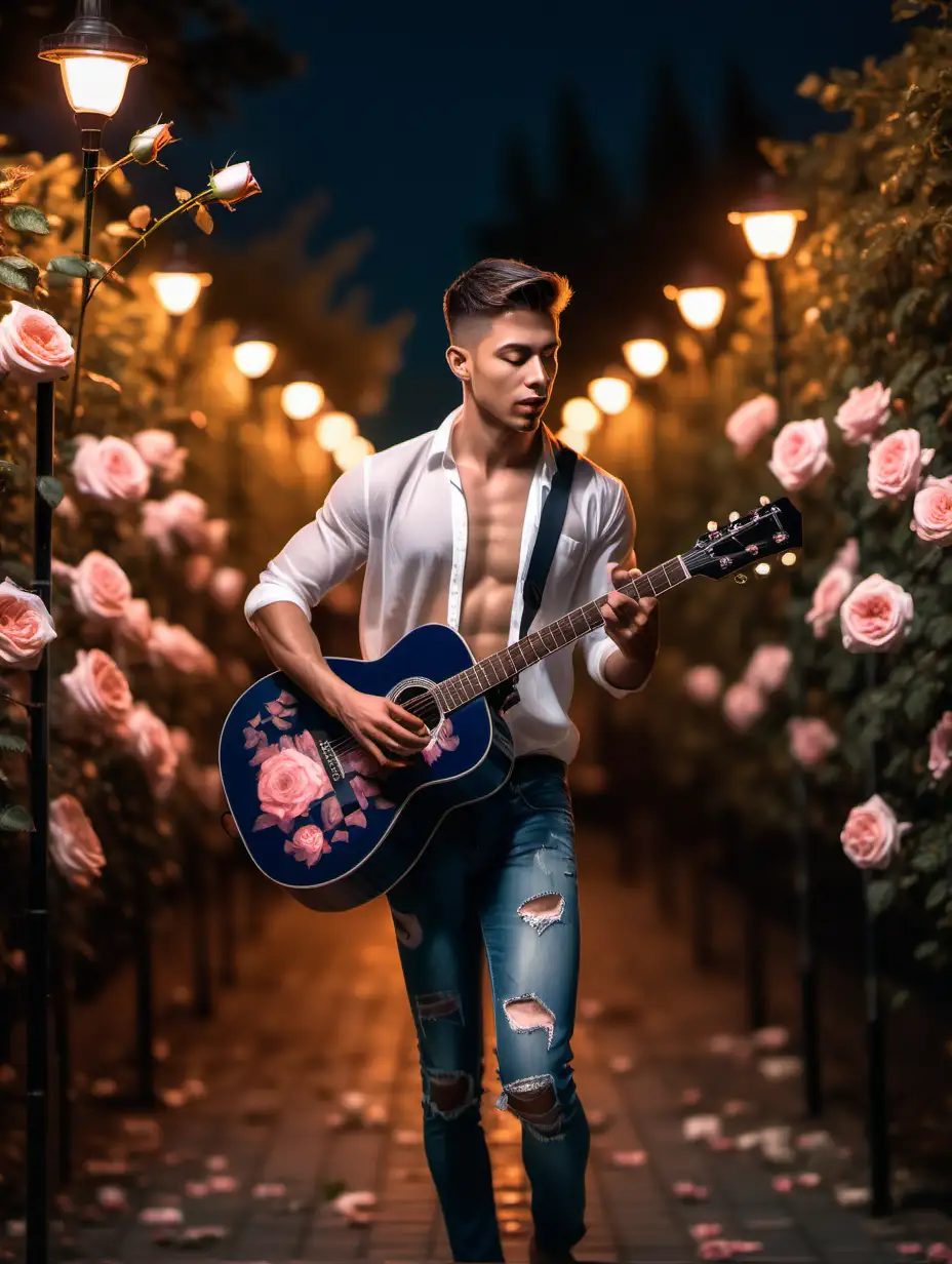 Handsome man playing guitar in a rose garden, short hair in navy blue color, shirtless, half transparent open white shirt with rose pattern, torn jeans, night, amber street lamps 