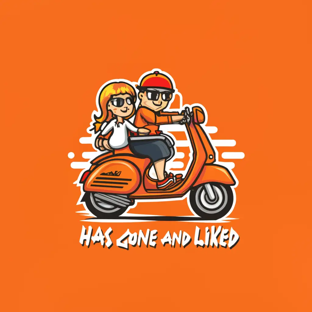 a logo design,with the text 'Has gone and liked', main symbol:vespa sprint orange and Fat man glasses cap and girl travel youtube ,Moderate,clear background