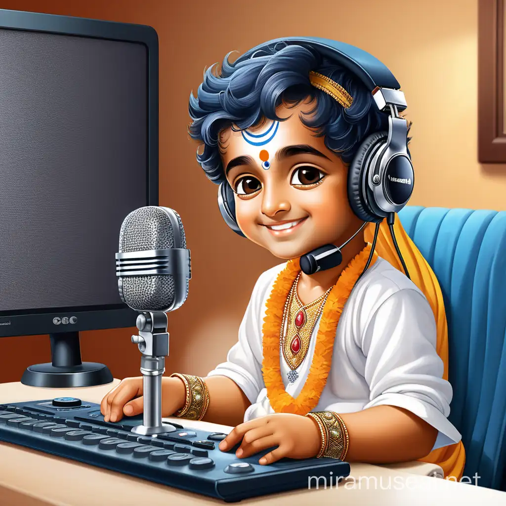 Little Lord Krishna as a radio jockey sitting and speaking in radio room smiling 