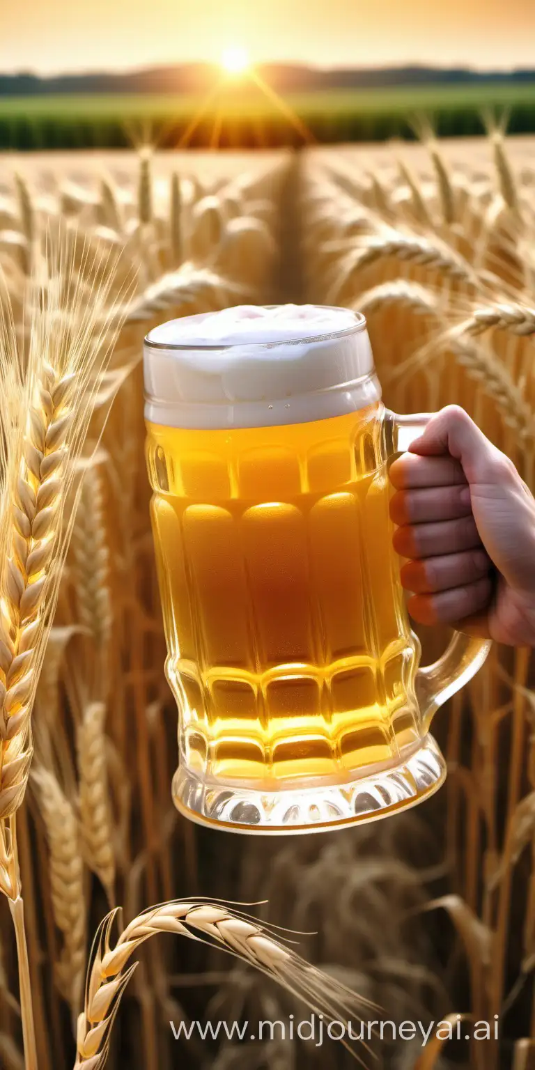 большая кружка светлого разливного пива в руке, на фоне пшеничного поля, лето, высокое разрешение