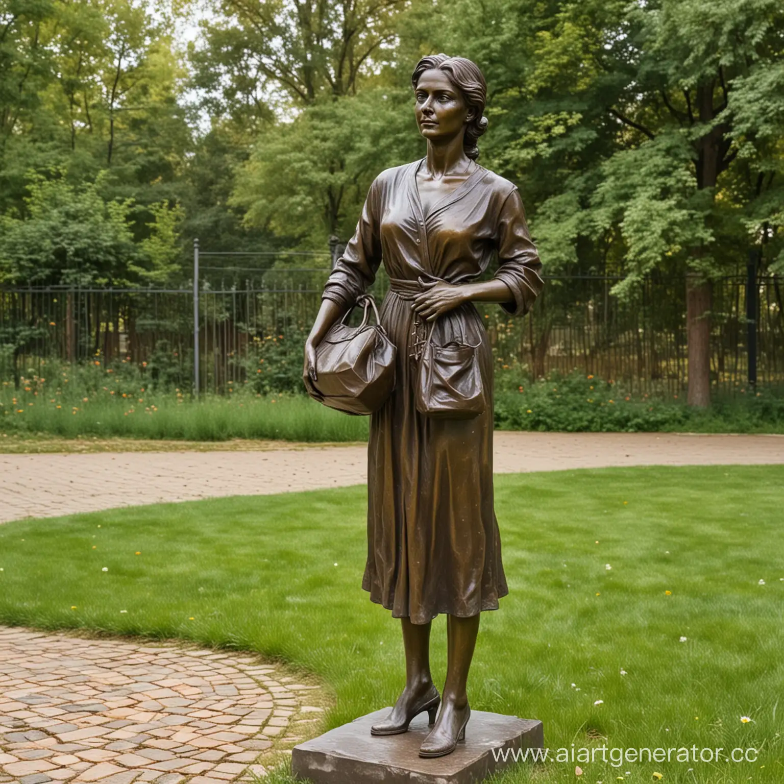 бронзовая скульптура женщины с пакетом в руках, стоит на газоне в российском дворе
 