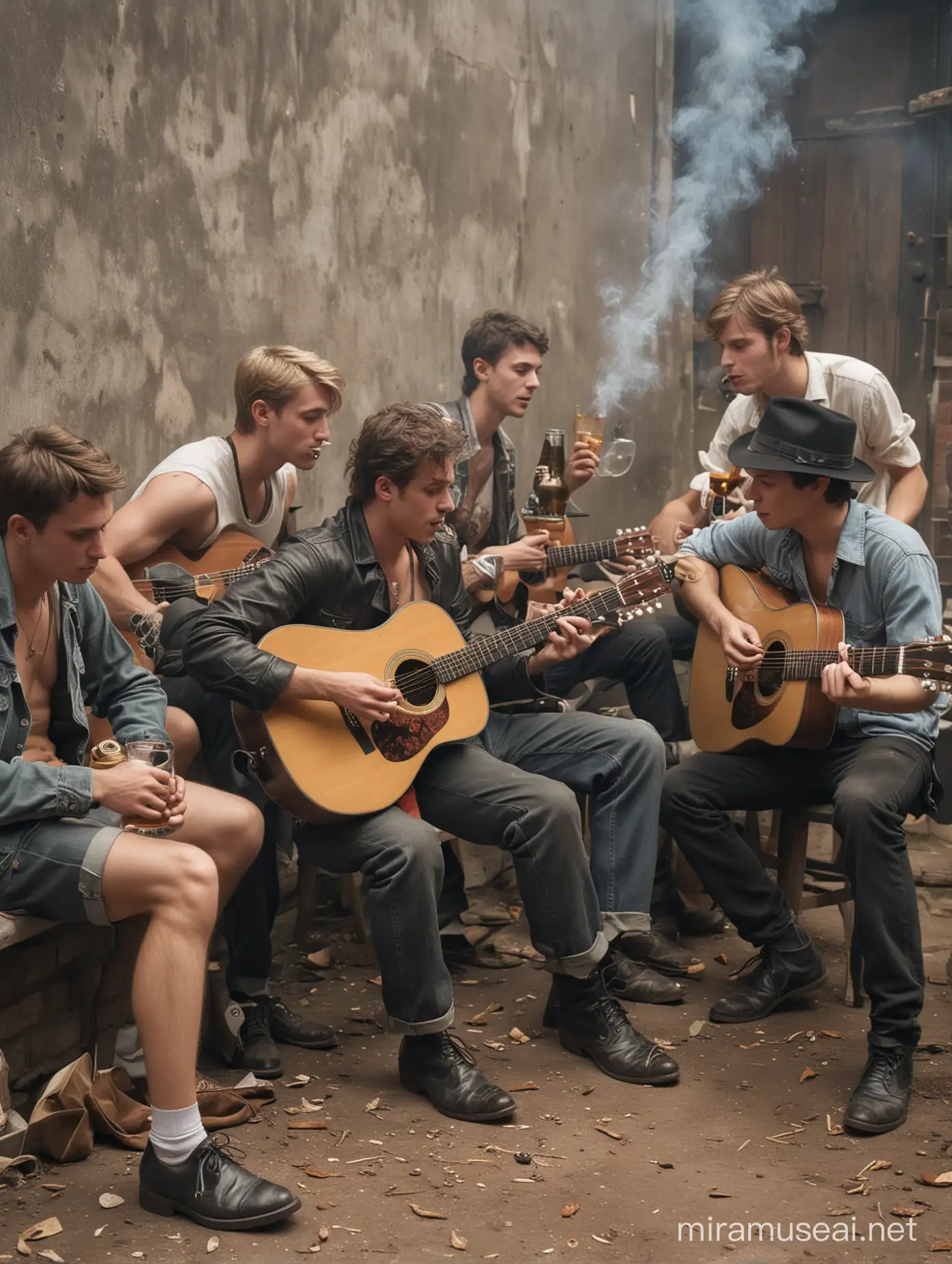 Young Men Playing Guitar Drinking Beer and Smoking with a Rooster