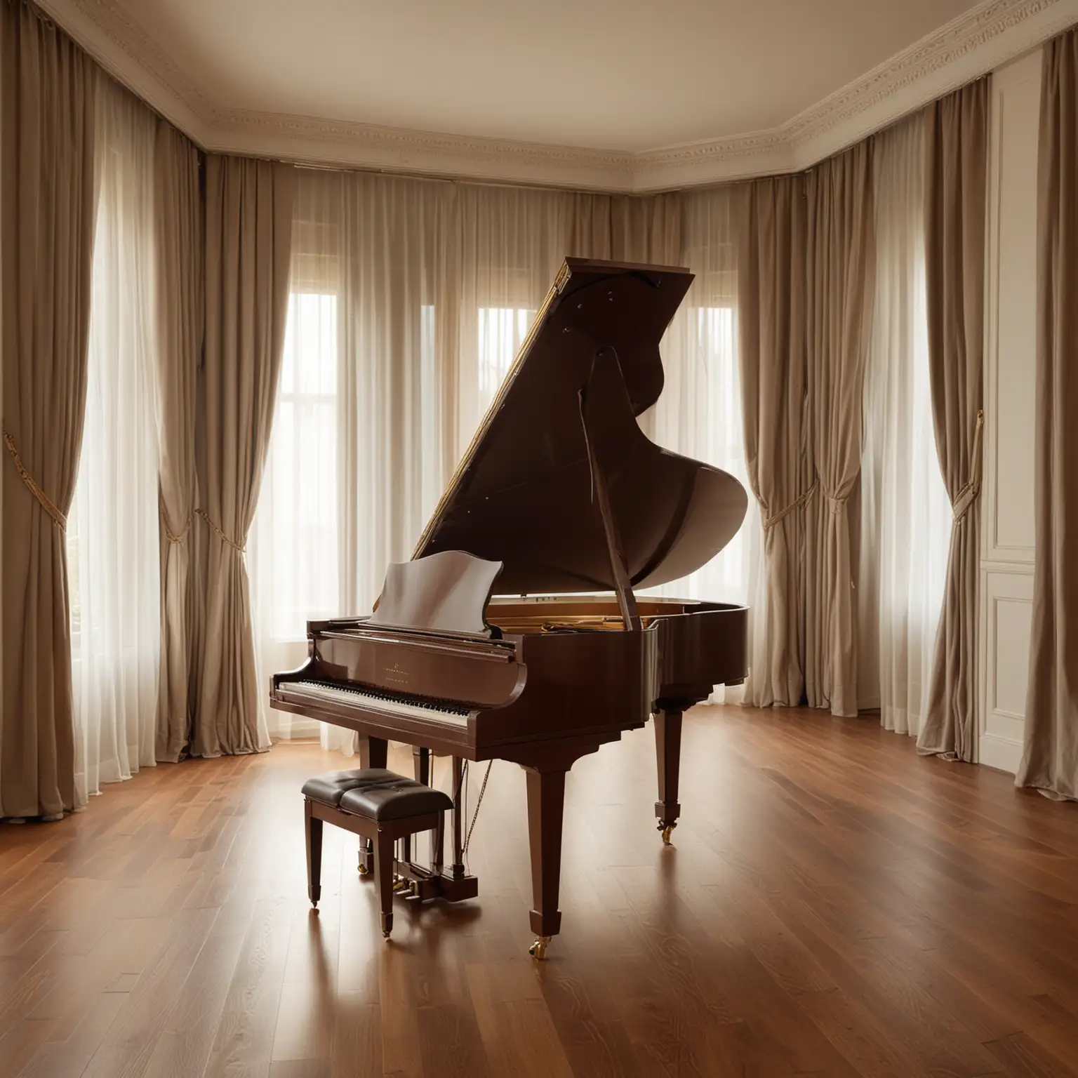 Brown grand piano wth lid open in an empty room, wood floor, sheer curtains on floor to ceiling walls, light shining in

