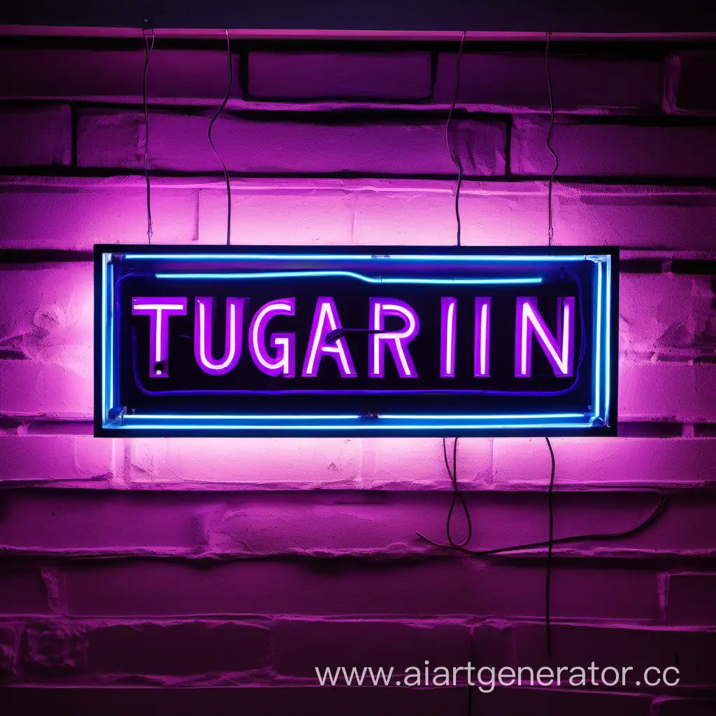 Neon sign with bright neon letters, in blue and purple, brand "Tugarin". For a nightclub setting.