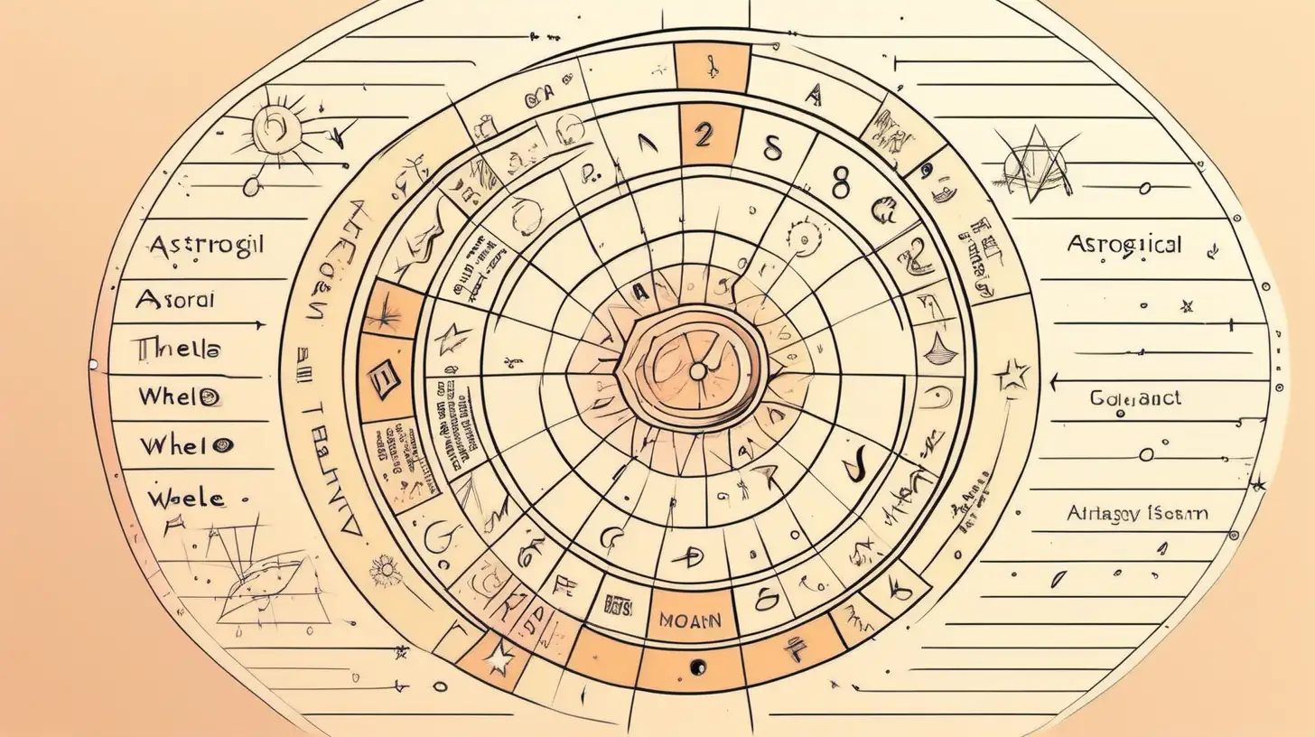 Draw An astrological wheel with speaking . Loose lines. Muted color, with label style little text