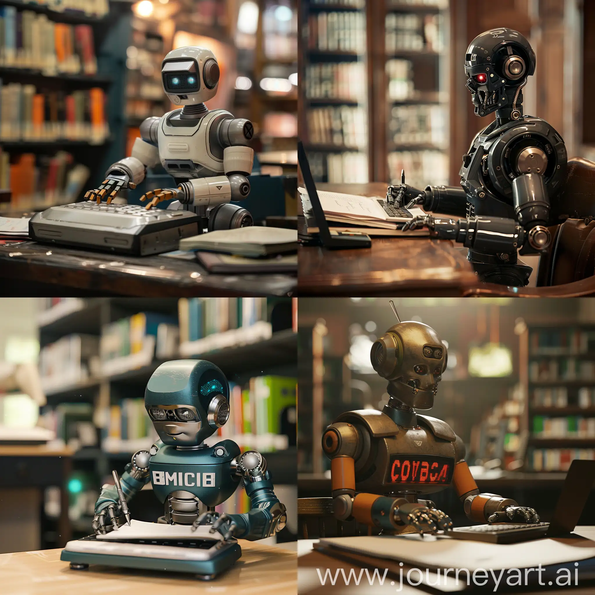 A robot typing a university assignment. He is sitting in a library. The background should be blurry. 