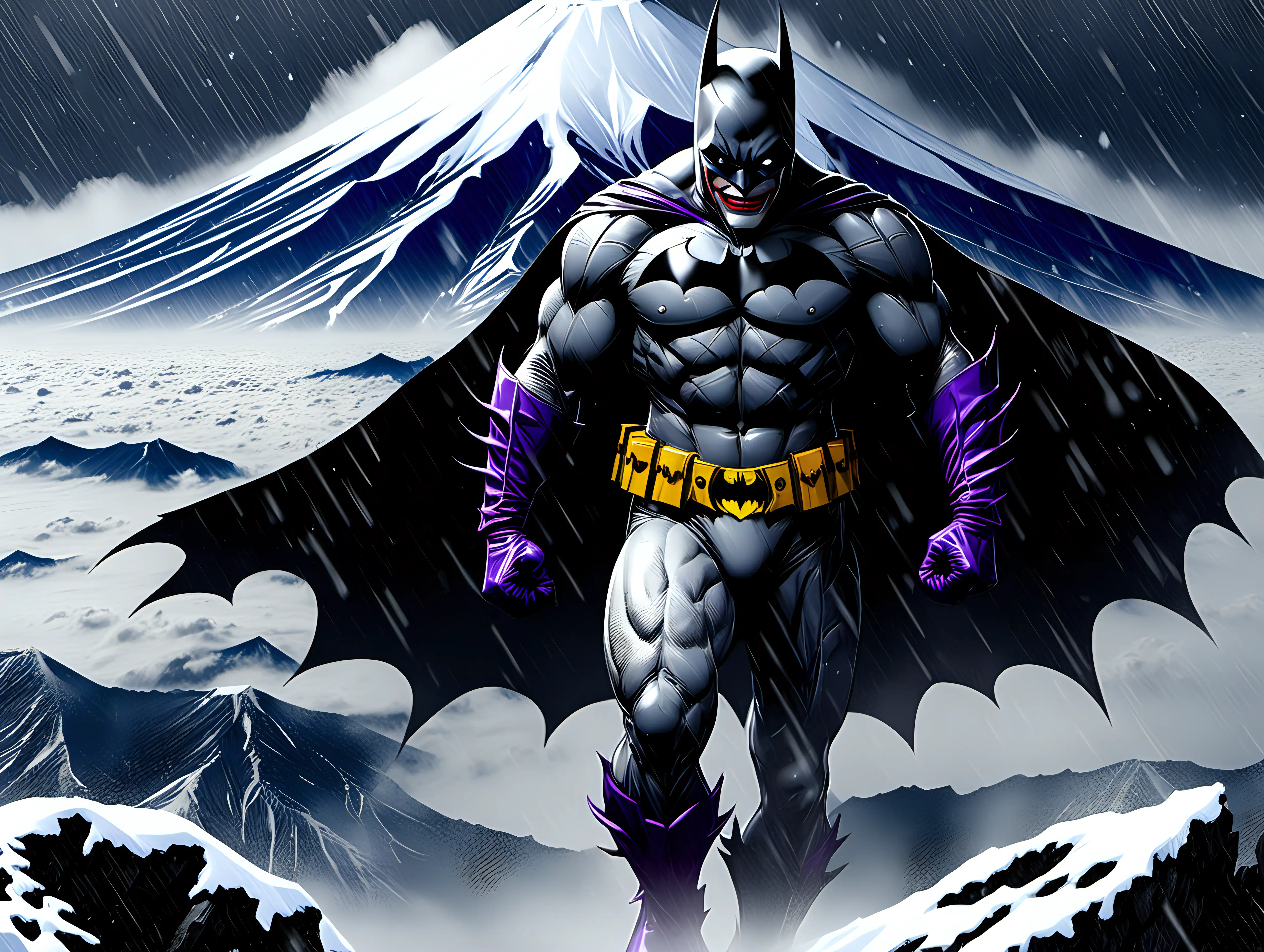 Batman and the Joker climbing Mt Fuji in a winter storm