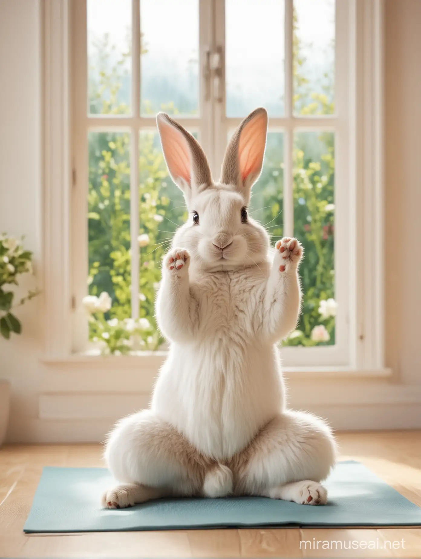 a cute Easter rabbit doing yoga in a bright place  with plenty of windows
