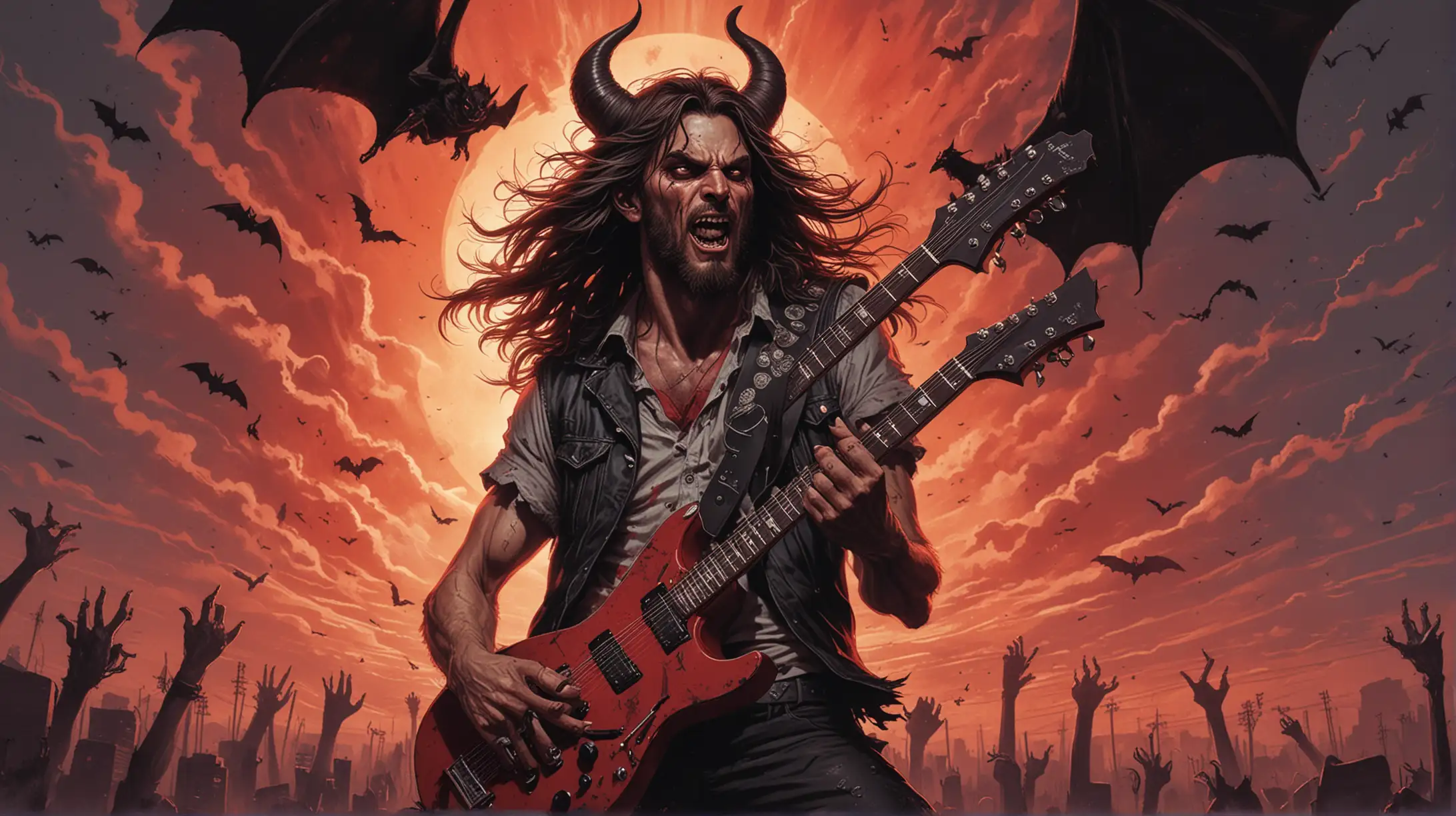 Generate a horror illustration of a long-haired man wearing a bandana, playing a black electric guitar, and wearing a vest. Bats flying overhead with red sky lightning. Bloody and a devil half goat horror 1980s style distress illustration, giving it a graphic novel look. It's very, very stylized. 