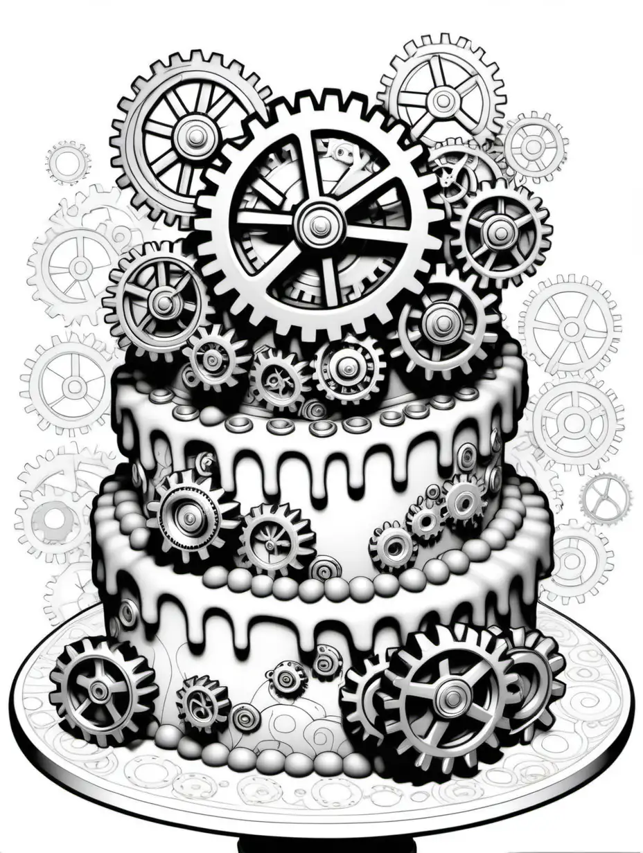 Steampunk Aesthetic White Gear Cake Coloring Page