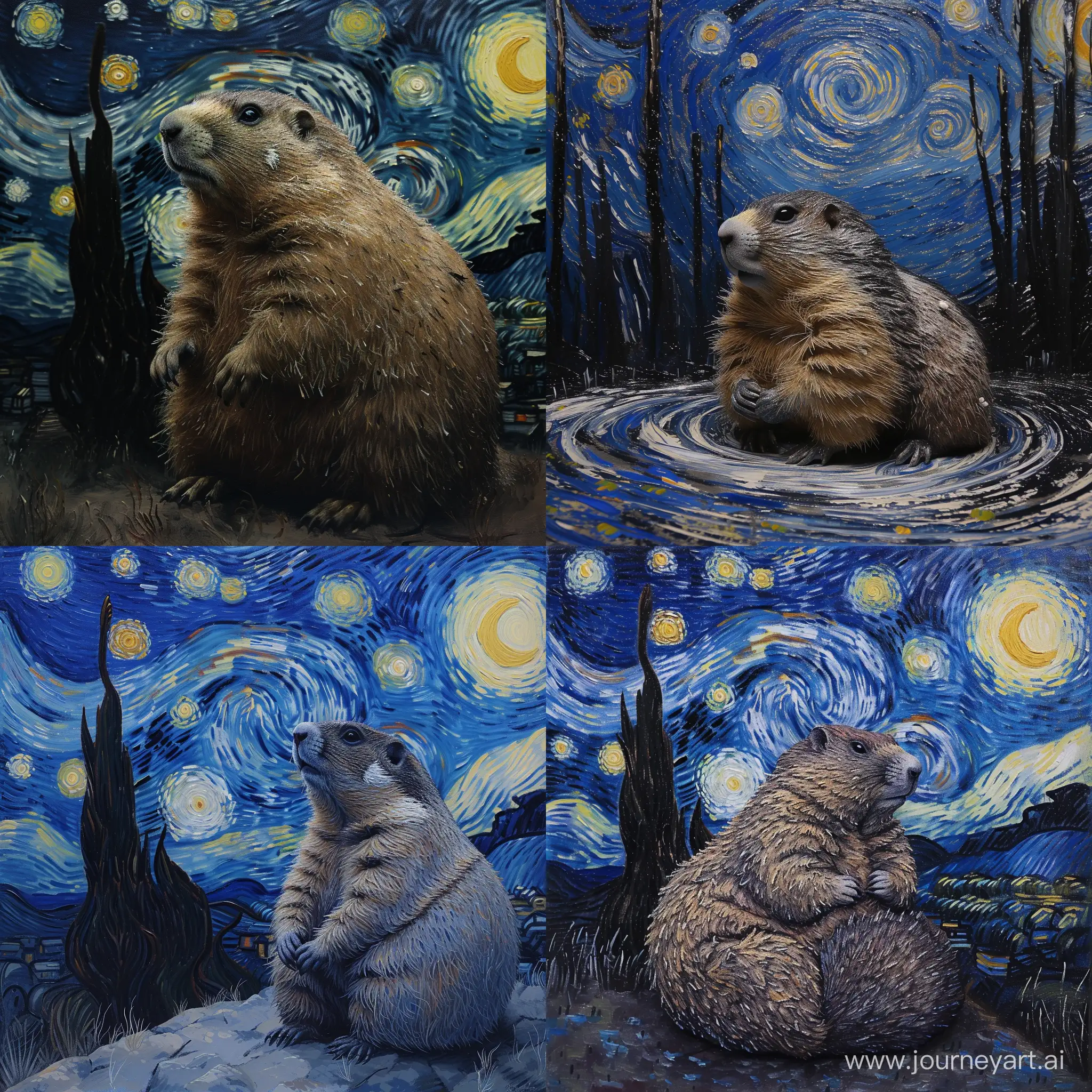 Stunning fat himalayan marmot with whirlwind skin the starry night, vincent van gogh, painting, art, 8k, amazing background, intricate details, soft cinematic lighting
