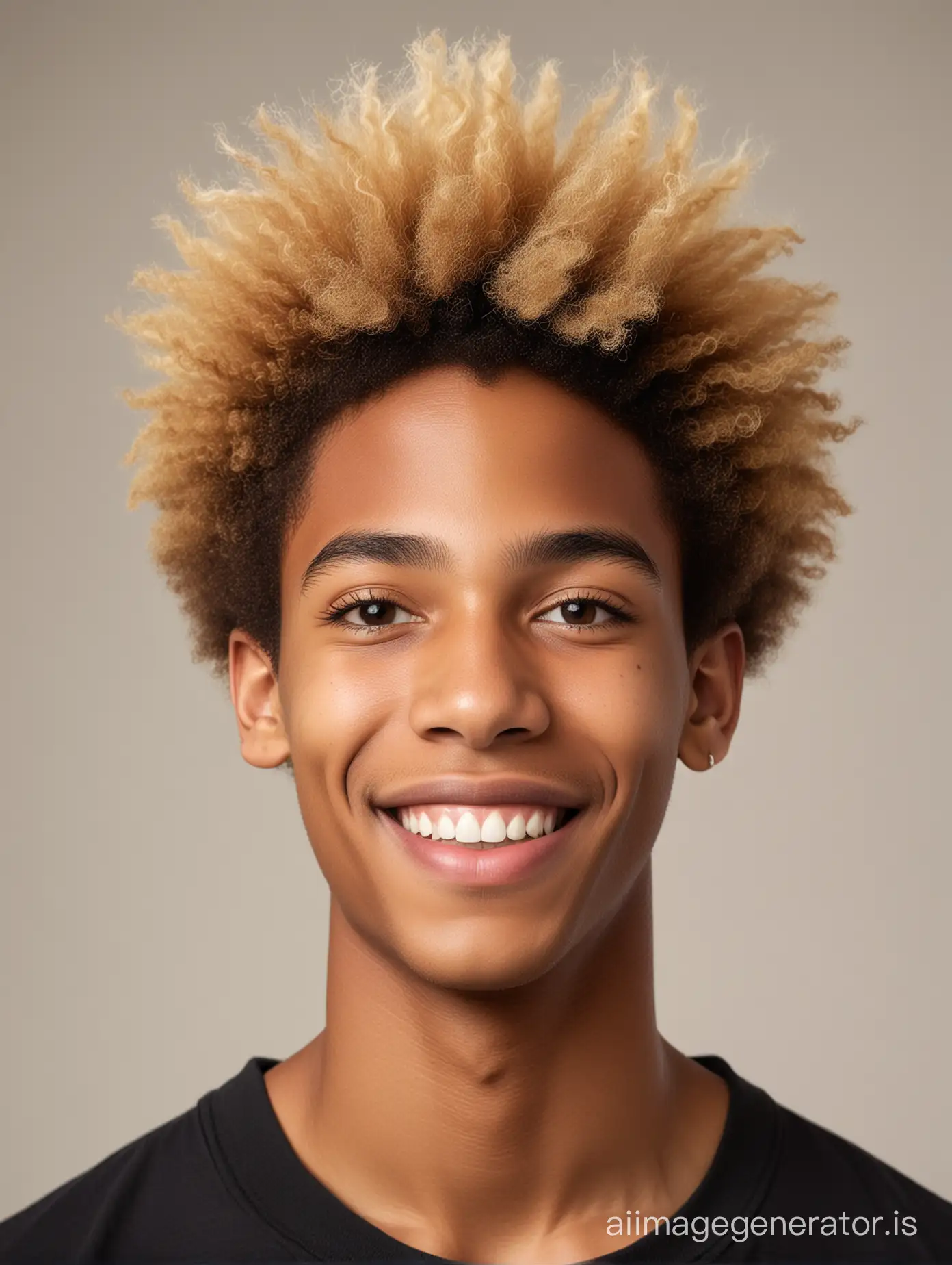 portrait photo of dark-skinned black teenage boy with blonde afro hair, large pointy ears, large flat nose and sharp jawline, smiling, plain light background
