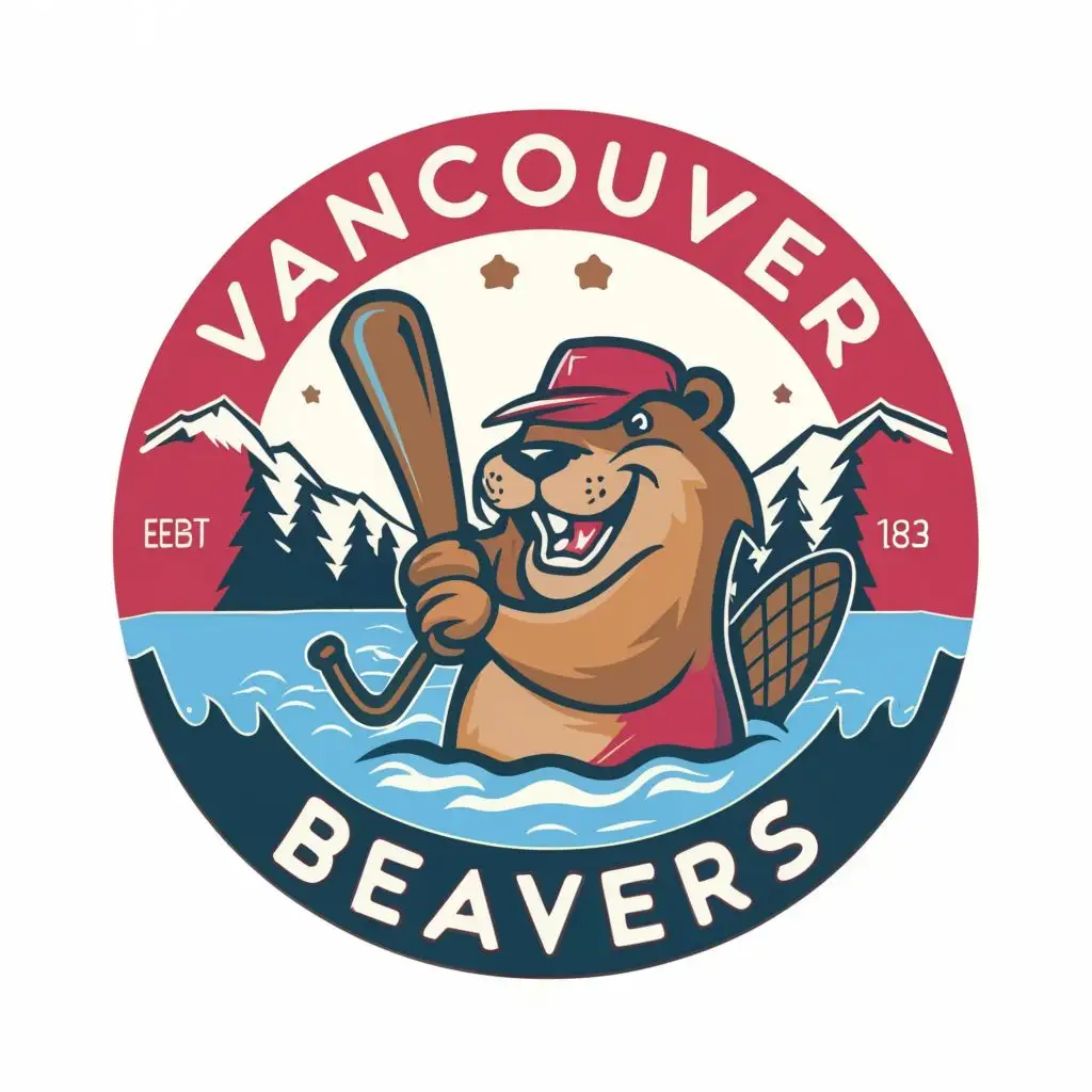 logo, cute beaver in water with a baseball bat, primary color red, mountains in background, with the text 'Vancouver Beavers', typography, be used in Sports Fitness industry