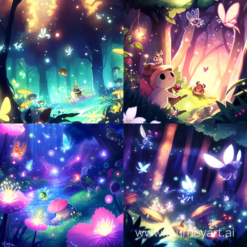 Illustration: Sparkle following the twinkling fireflies, with various magical creatures like playful fairies and friendly fireflies in the background.