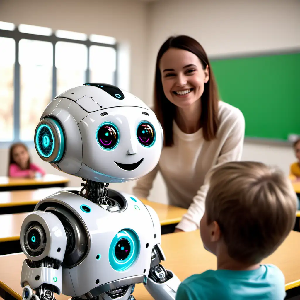friendly robot with a child smiling in front of the classroom