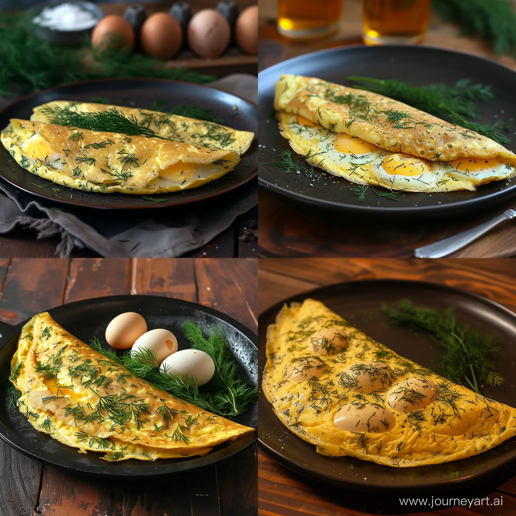 Savory-Omelette-Delight-with-Three-Eggs-and-Fresh-Dill-on-Elegant-Dark-Plate
