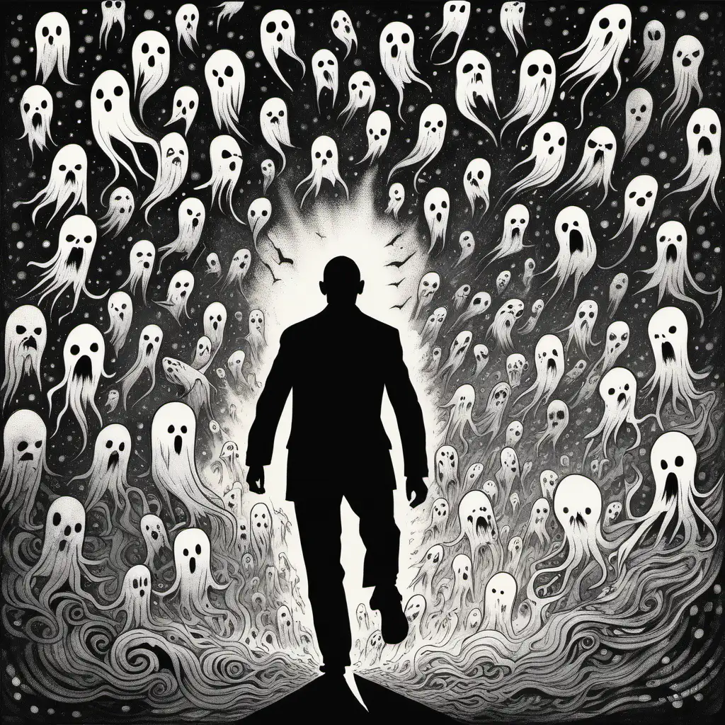 Bearded Man Pursued by Ghosts Eerie Silhouette Artwork for Album Cover