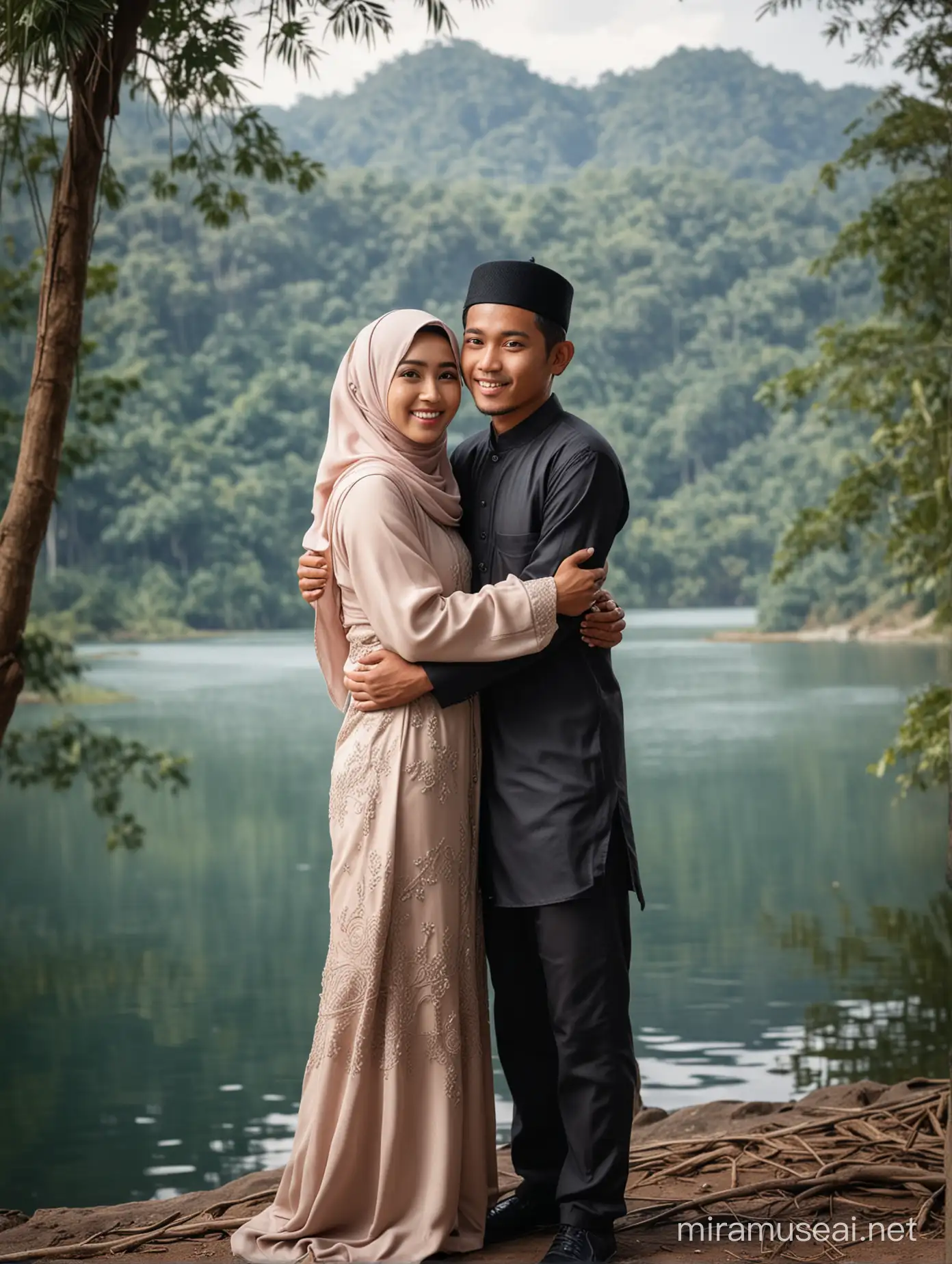 Pasangan Indonesia umur 27 tahun muslim , wanita dipeluk dari belakang realistis foto.background  pemandangan telaga sarangan Magetan.
