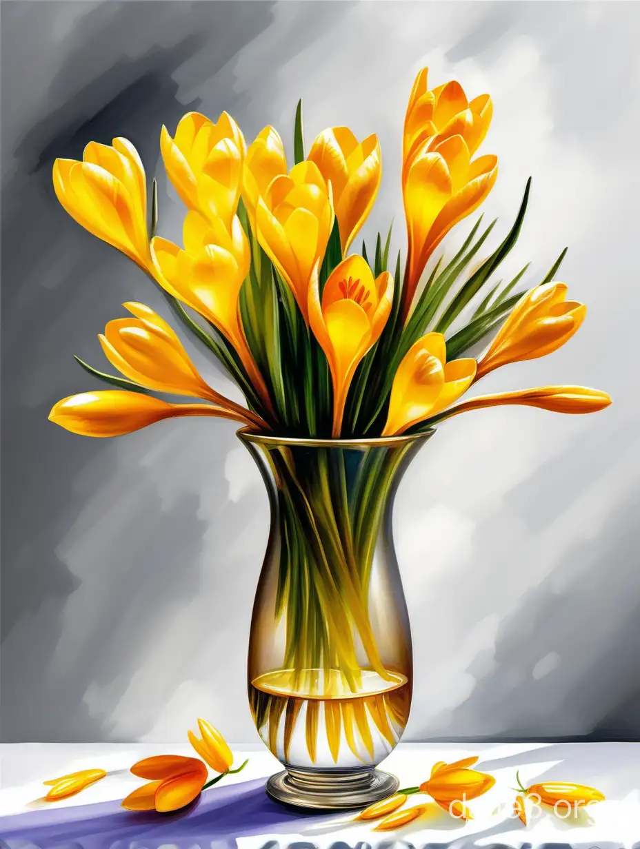 букет желтых крокусов в высокой непрозрачной вазе, стоит на белом столе, рисунок маслом, яркие, сочные цвета, современный реалистичный стиль, прорисованные детали, белый фон