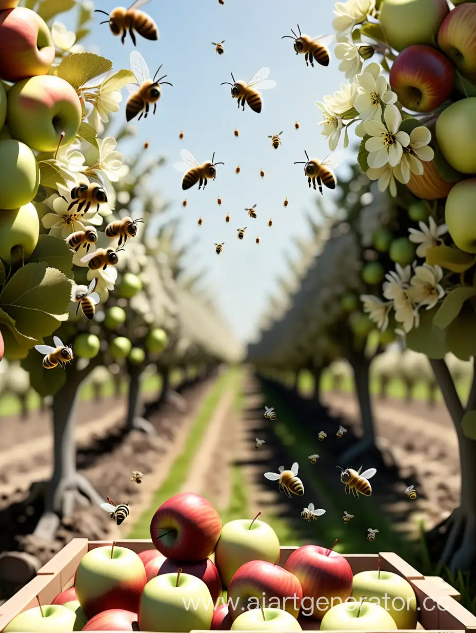 Lush-Apple-Orchard-Buzzing-with-Real-Bees-in-Flight