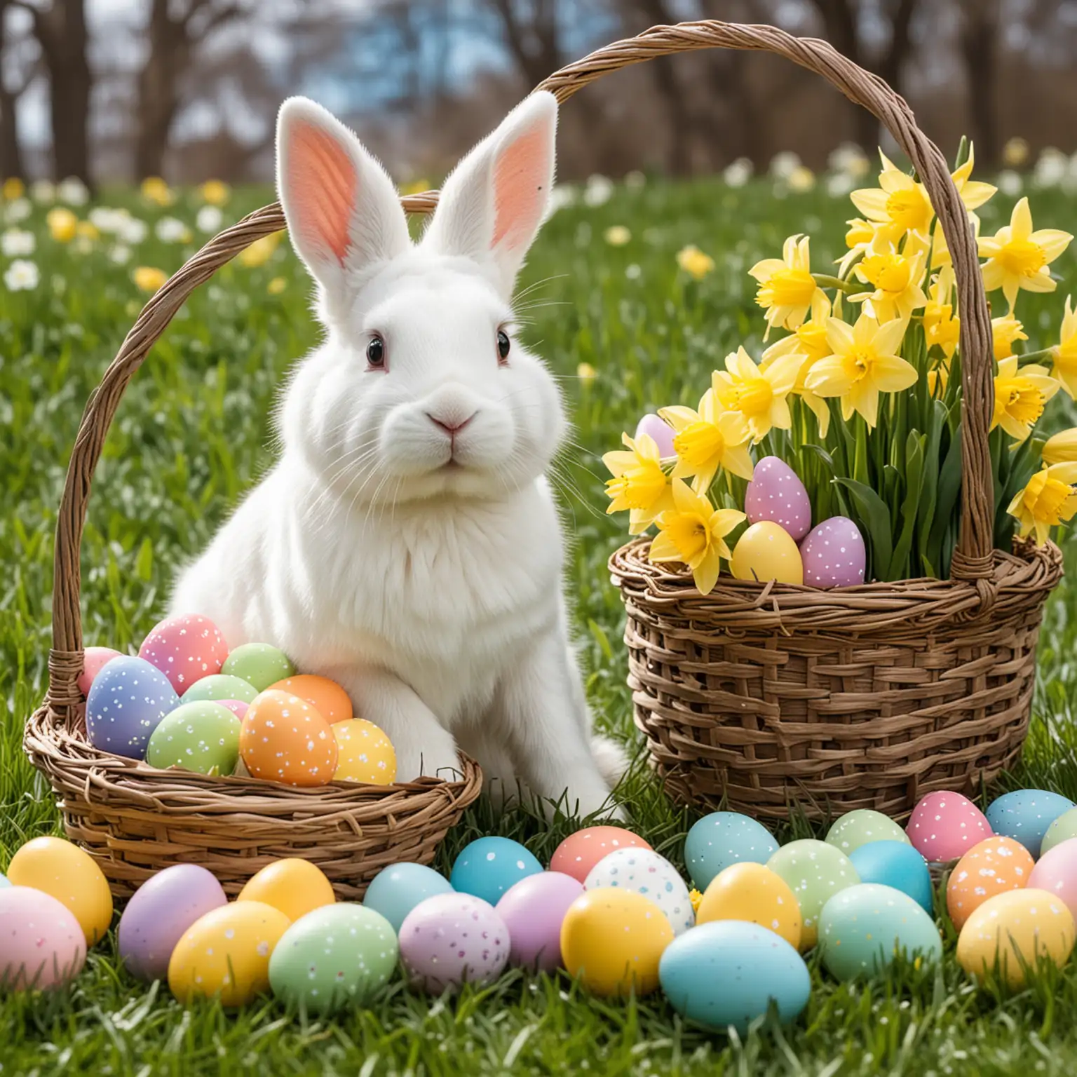 Facebook cover photo with an Easter bunny standing behind an Easter basket with colored eggs in.  There are daffodils behind the bunny in the grass. 