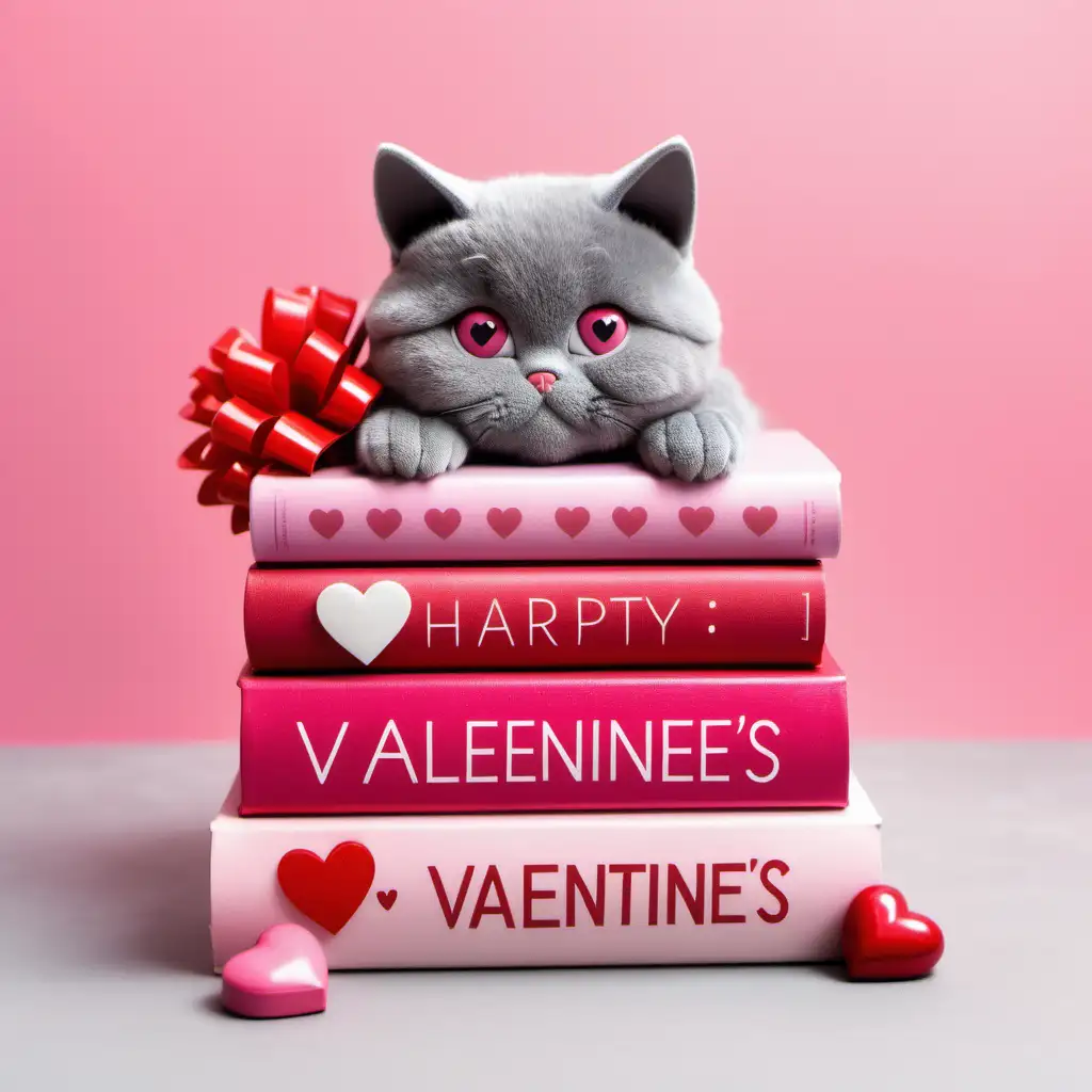 valentines day stack of pink books with a gray cat wearing a big red bow on top and candy hearts illustrated style no words 