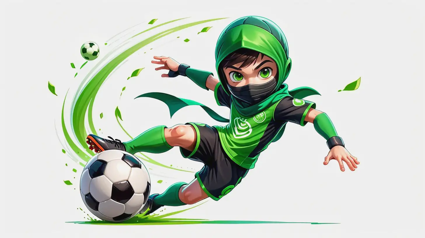 Playful Child Green Ninja Shooting Soccer in Cartoon Style