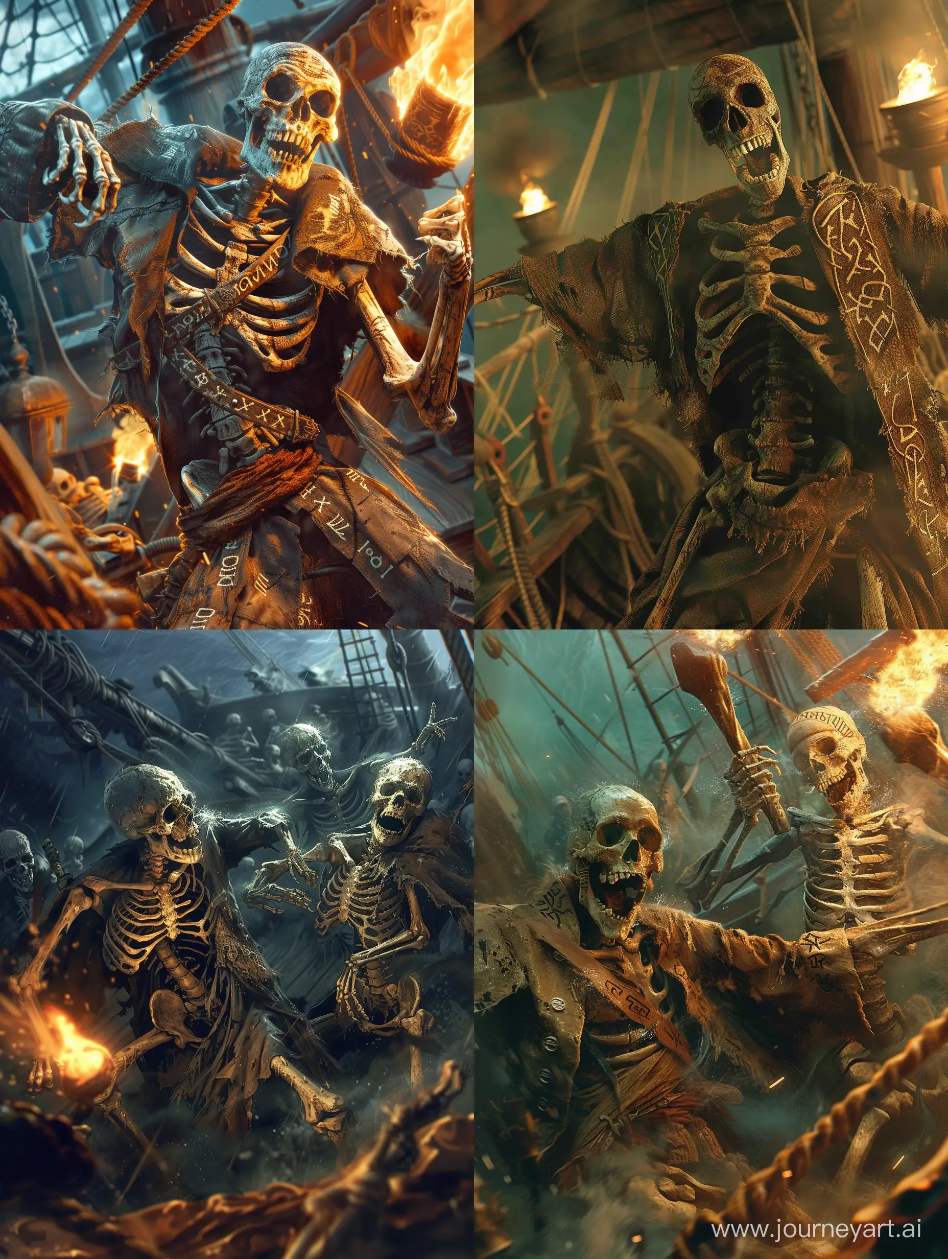 Living skeleton pirates with torn robe,Attacking to a ship,bone weapons,runic script on bones,attacking,Angry,torches that give light to the environment,intricate,incredible detail,terrifying,Digital Art,Imaginary image,fantasy.