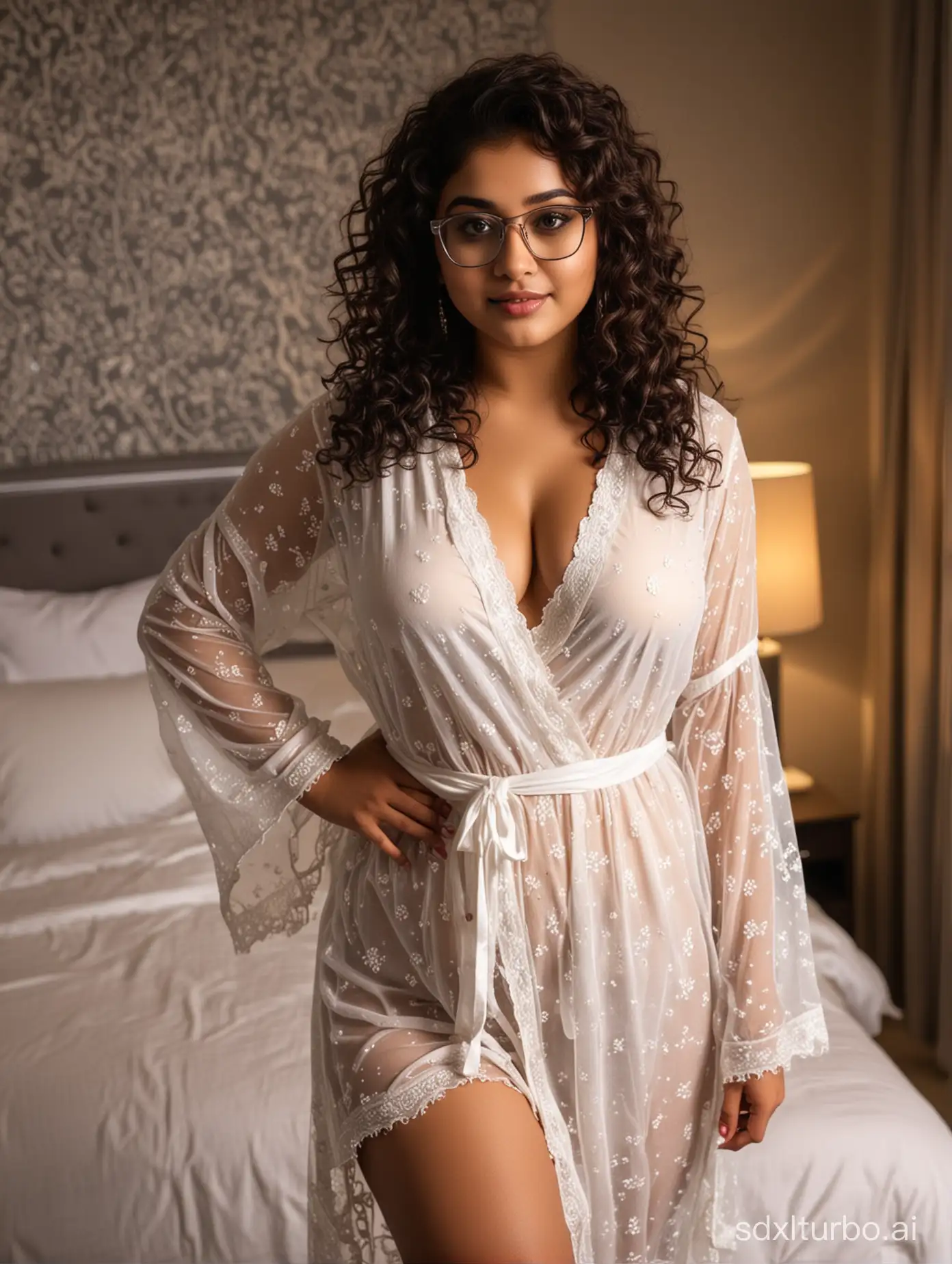 Nude Seductive curly Haired girl, thick voluptuous chubby cute white skin Indian Telugu woman wearing Delicate Makeup, Alluring Pose, full body, round eyeglasses, wavy hair, 4k, feet, mesh robe, hair bangs, seductive smile, plus size , hotel bedroom, dim lighting night lamps 