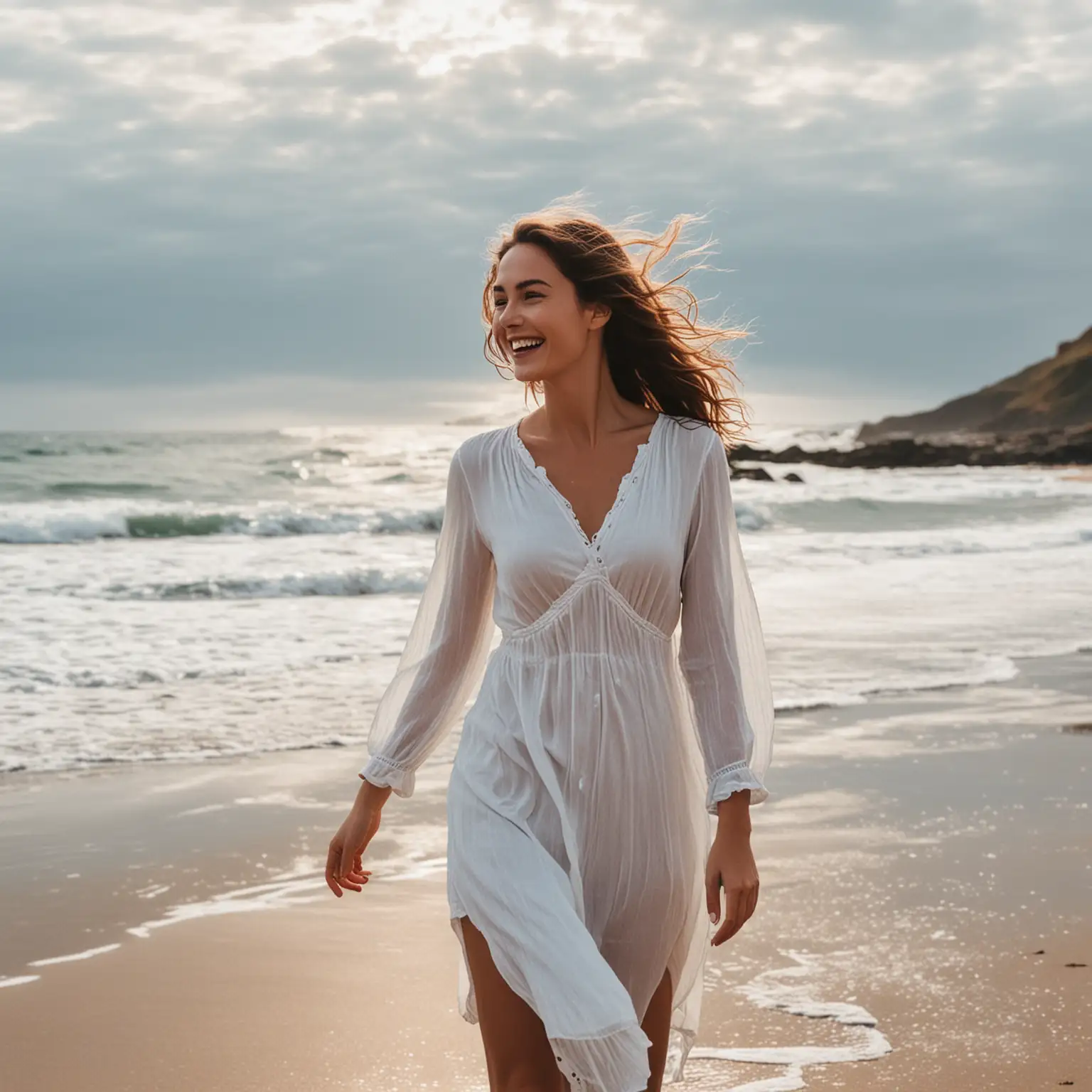 женщина прогуливается на  берегу моря на лице у нее огромное счастье
