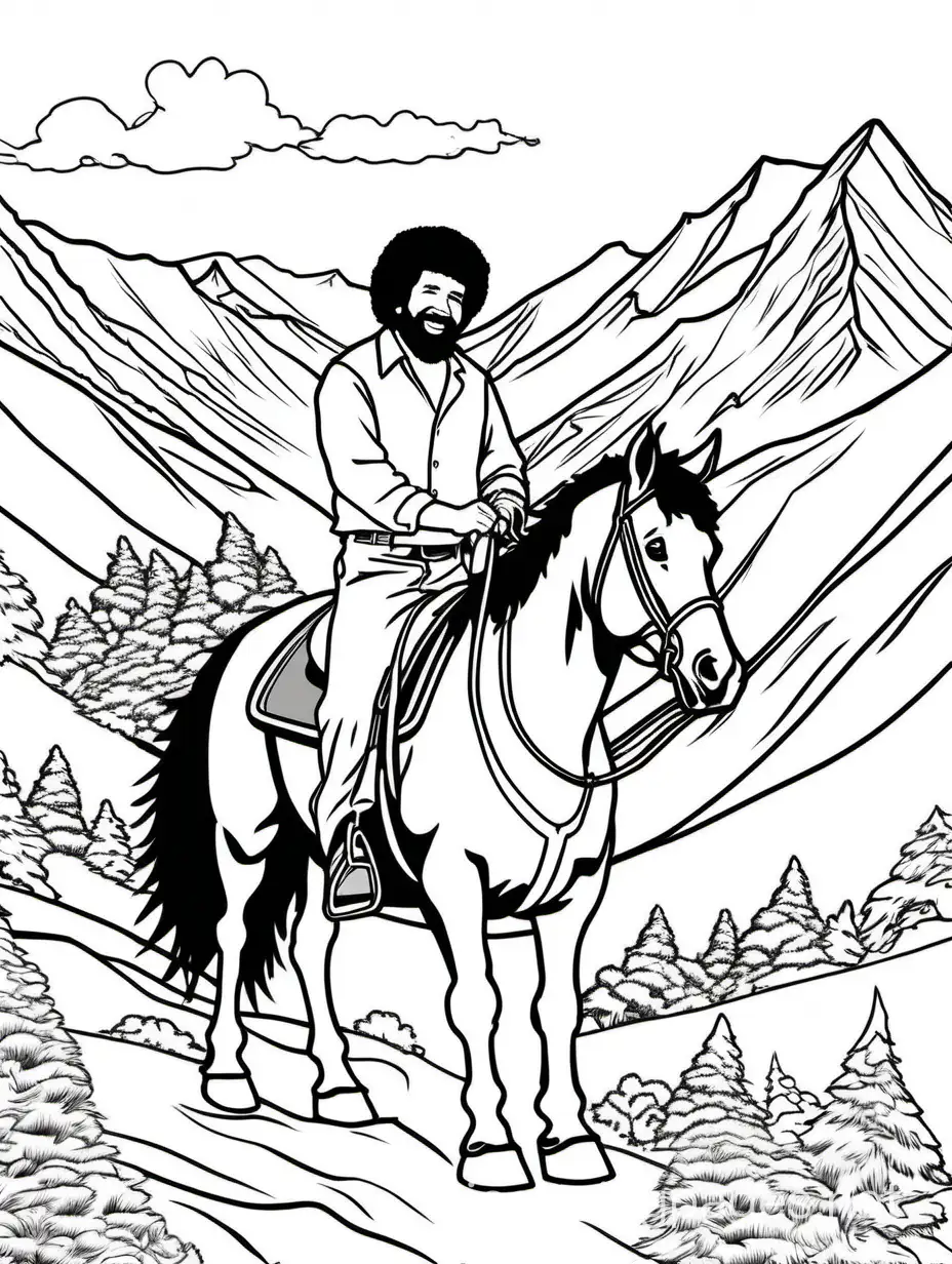 bob ross riding a horse through the mountains, Coloring Page, black and white, line art, white background, Simplicity, Ample White Space. The background of the coloring page is plain white to make it easy for young children to color within the lines. The outlines of all the subjects are easy to distinguish, making it simple for kids to color without too much difficulty