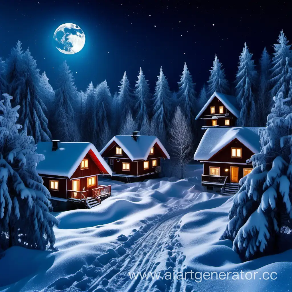 Лунная ночь, ёлки в лесу засыпаны снегом, дома с засыпанными снегом крышами в них спят люди и видят красивые яркие сны 